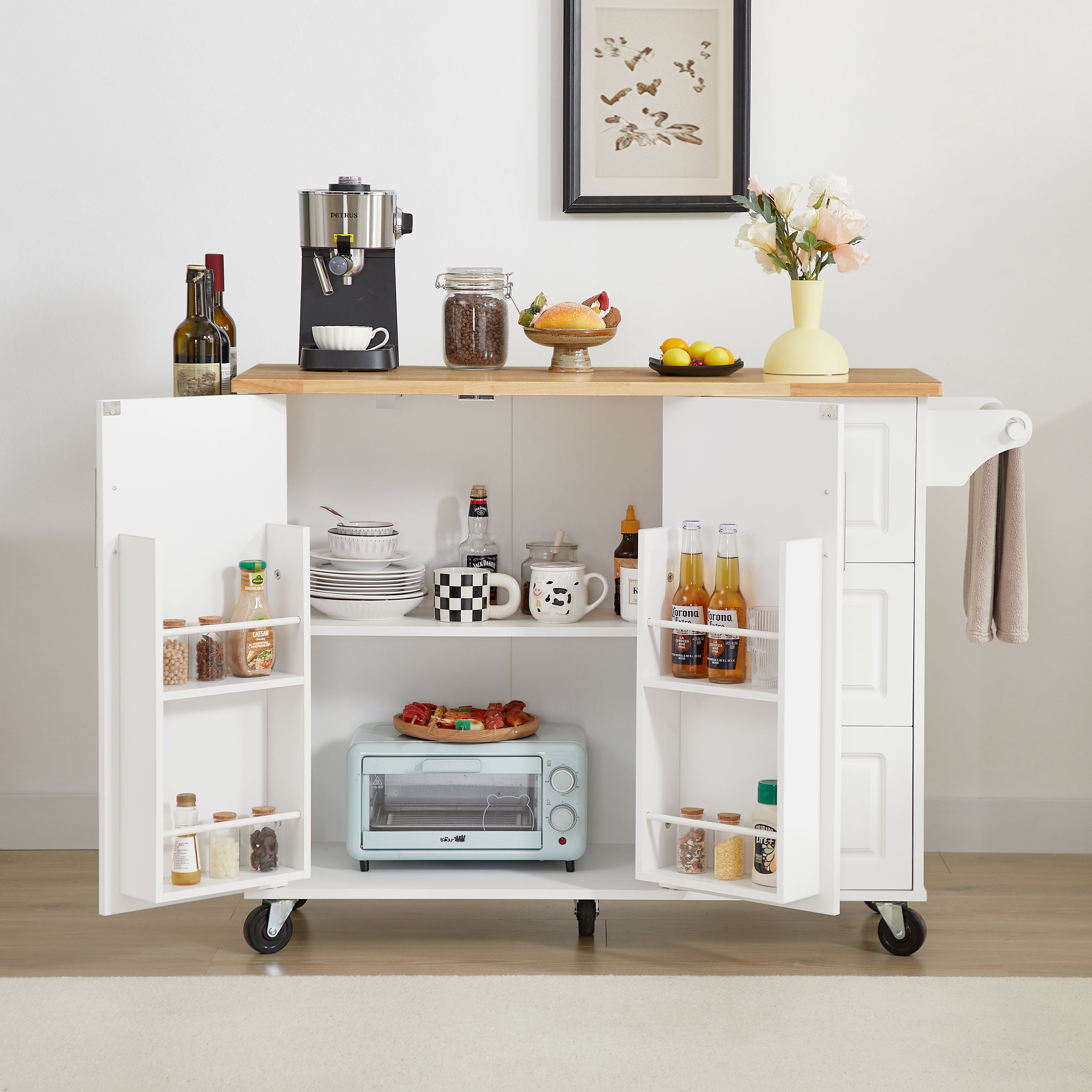 Rolling Kitchen Island: Drop Leaf, Storage, Towel Rack, White