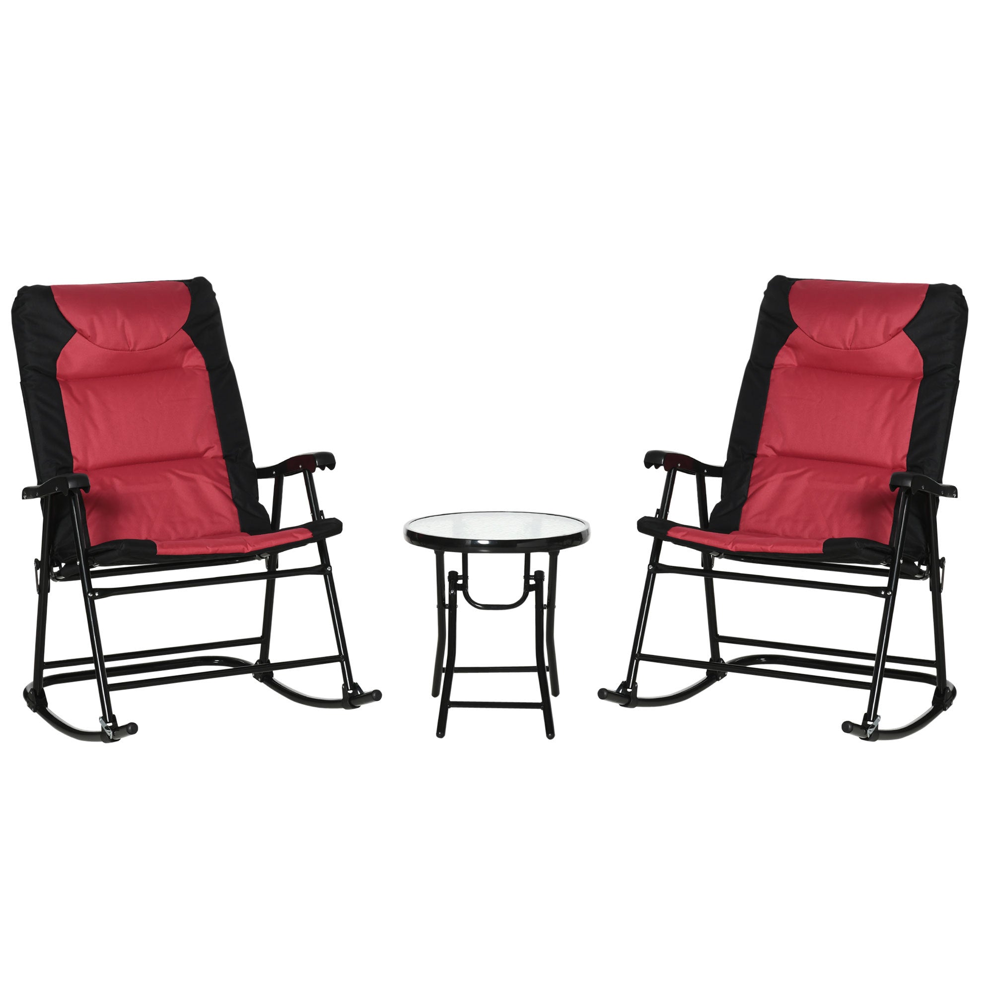 Red Bistro Patio Set: Rocking Chairs & Glass Table