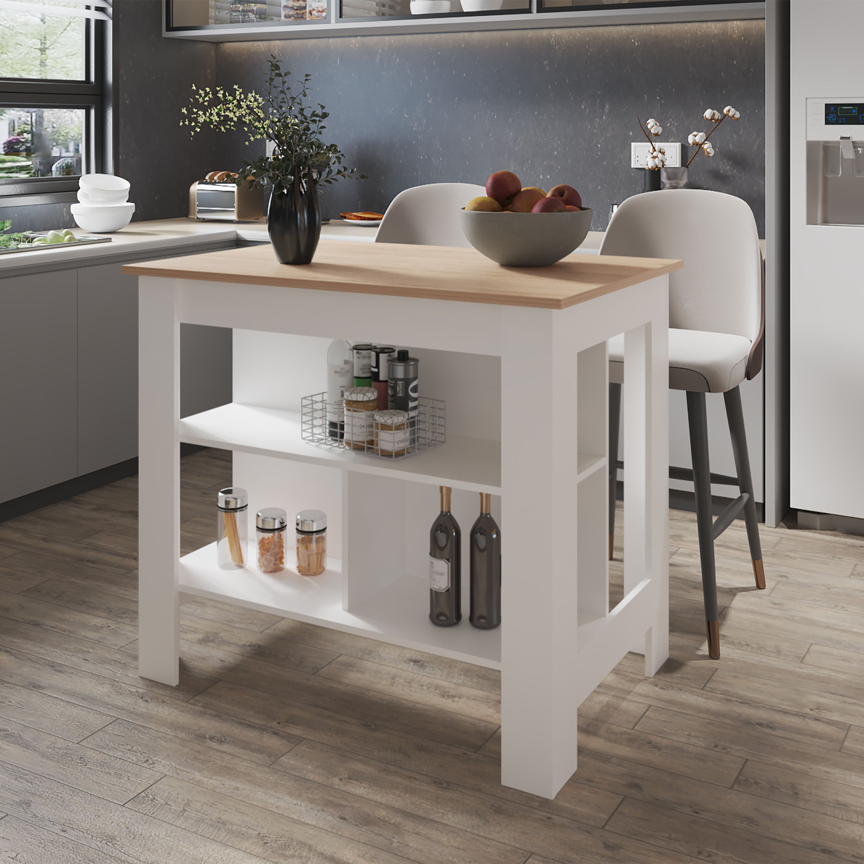 Aztec Melamine Kitchen Island: Pine/White Open Shelving