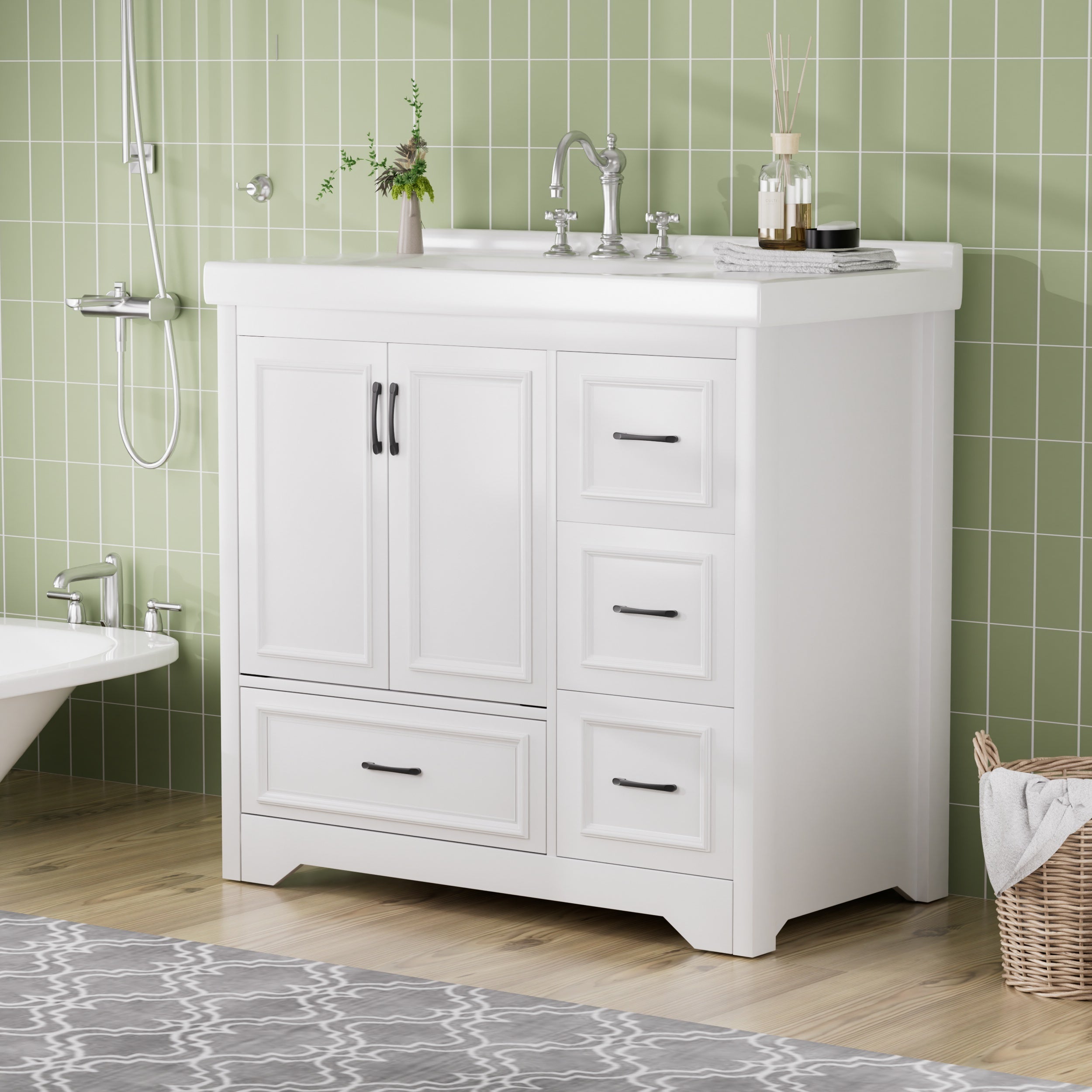 36" White Bathroom Vanity with Single Sink & Drawers