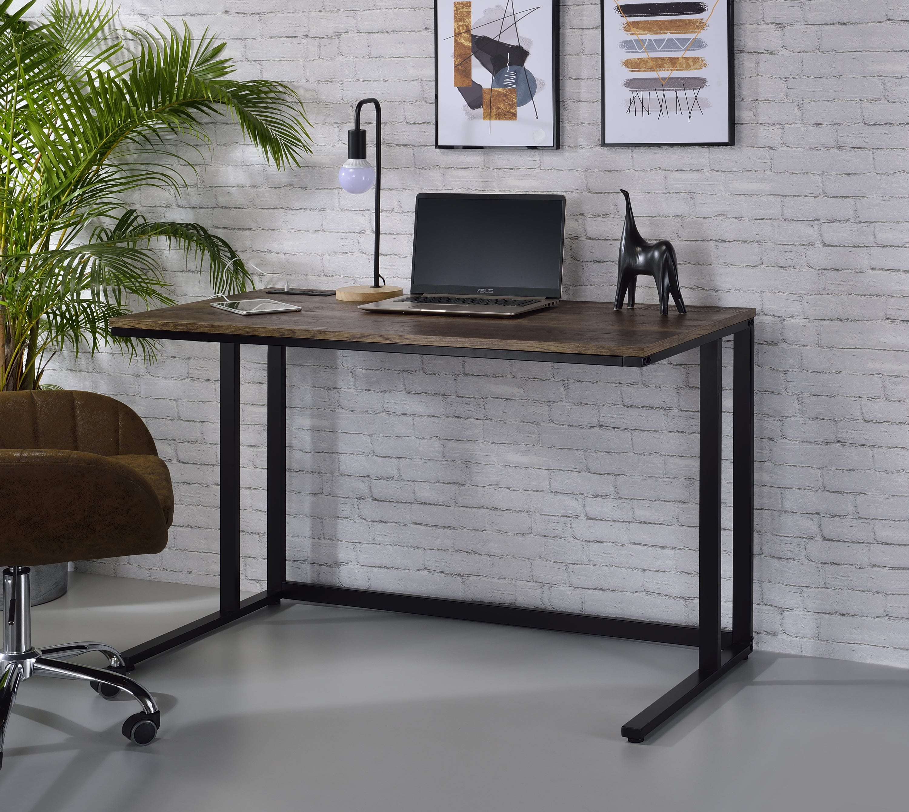 Walnut & Black Writing Desk w/ USB Port