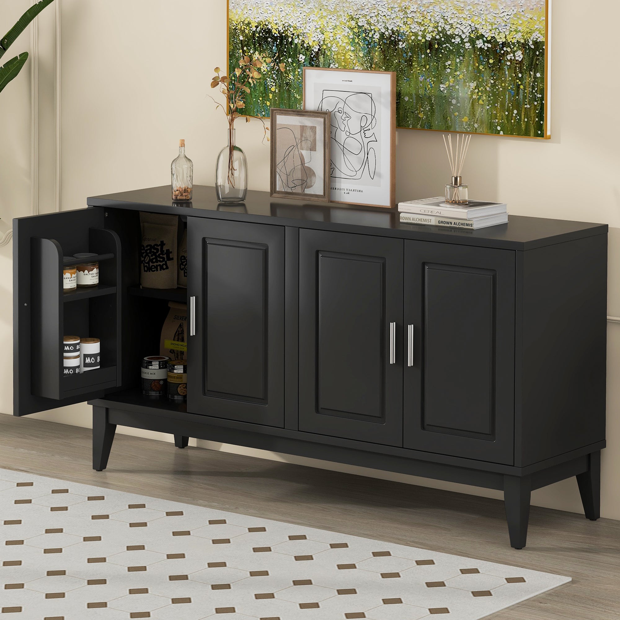 Black 4-Door Sideboard: Large Storage Cabinet