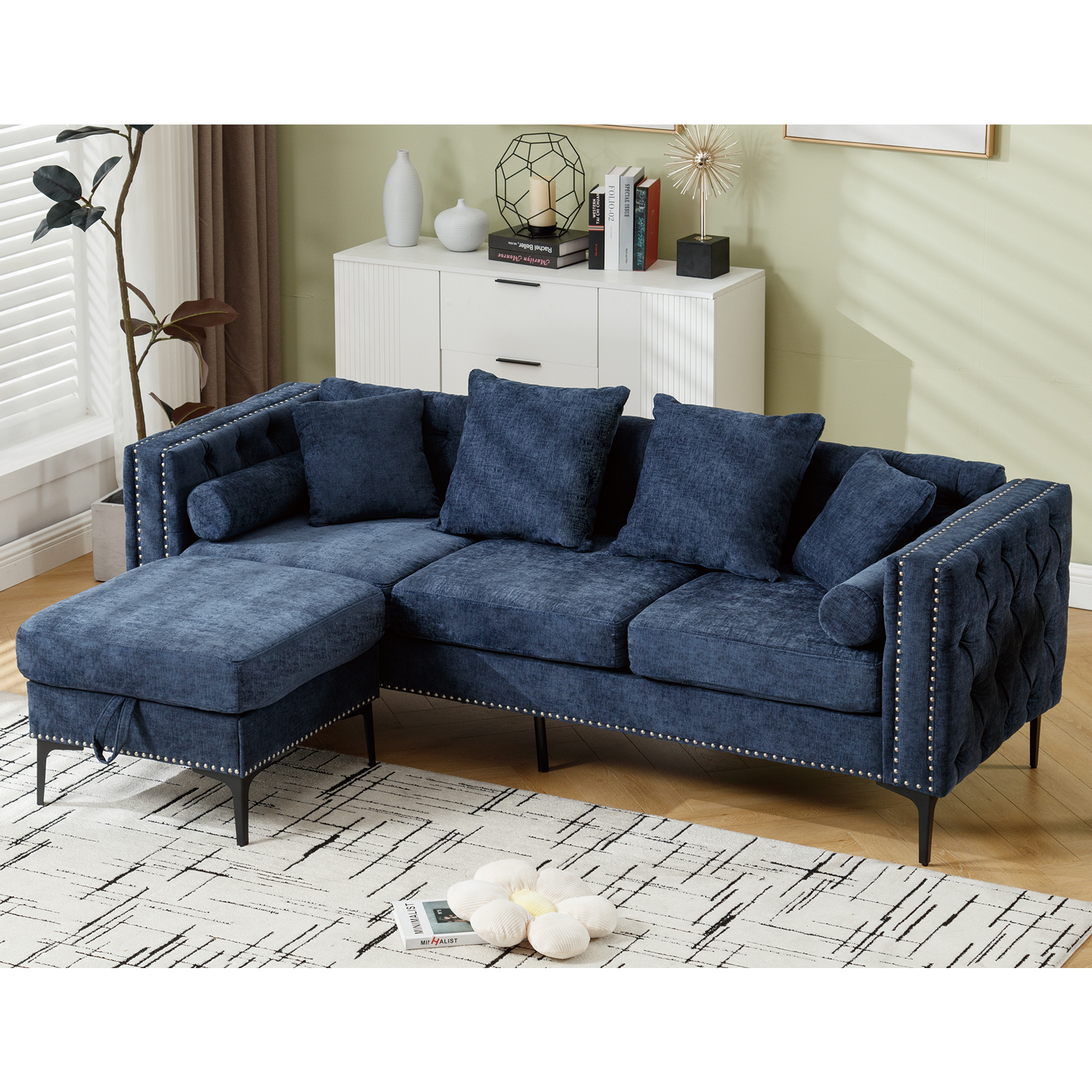 L-Shaped Sectional Sofa w/ Storage Ottoman, Blue Chenille