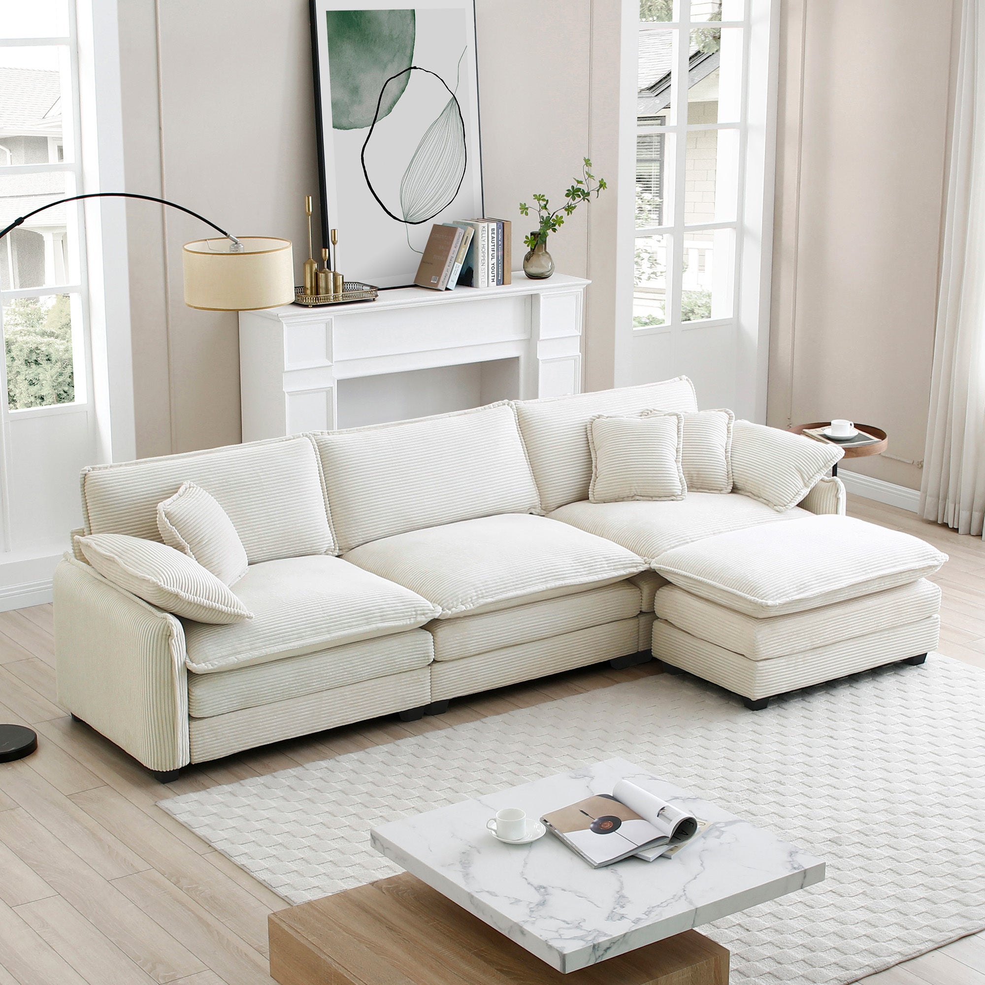 White Corduroy L-Shaped Sectional Sofa