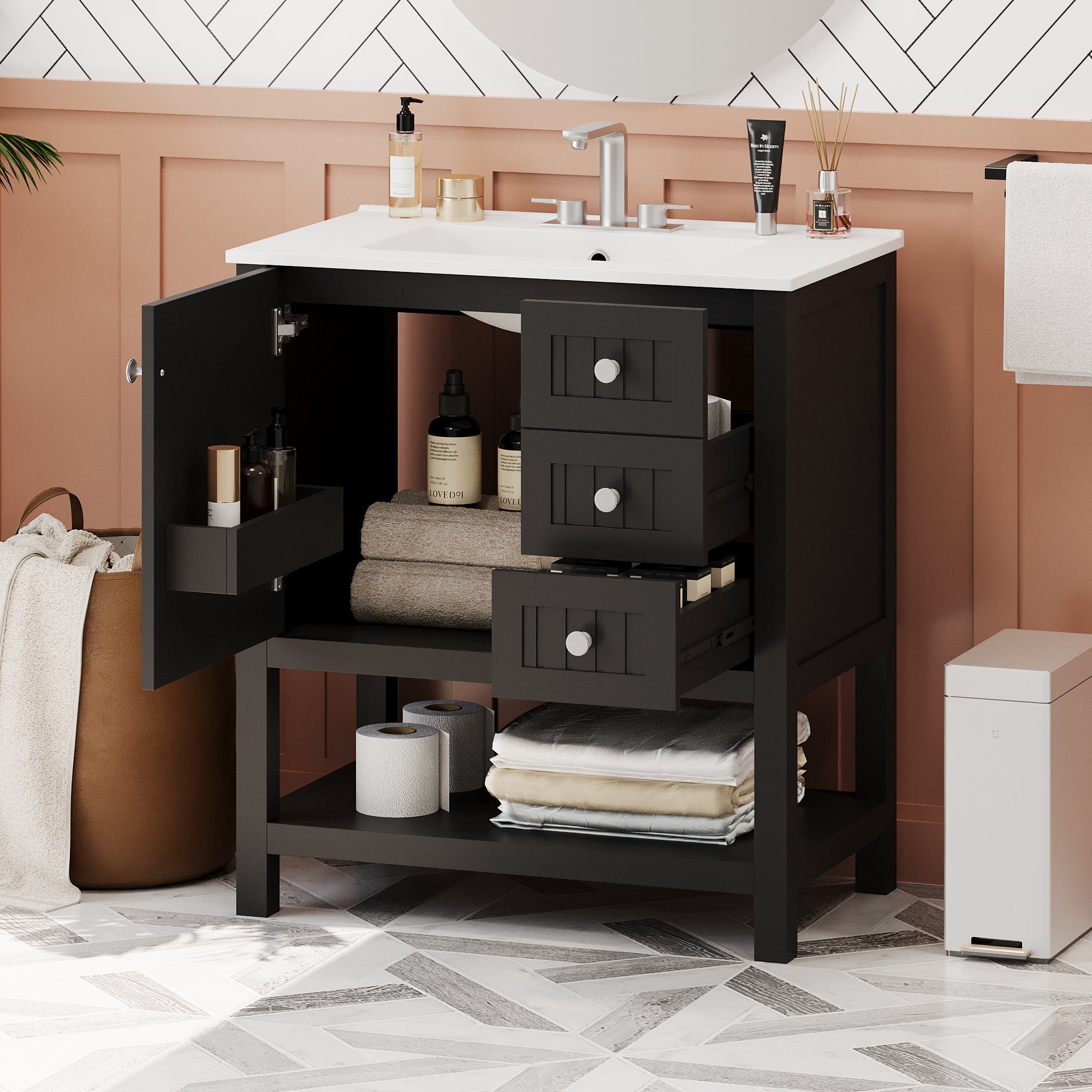 30" Bathroom Vanity Combo: Ceramic Sink & Soft Close