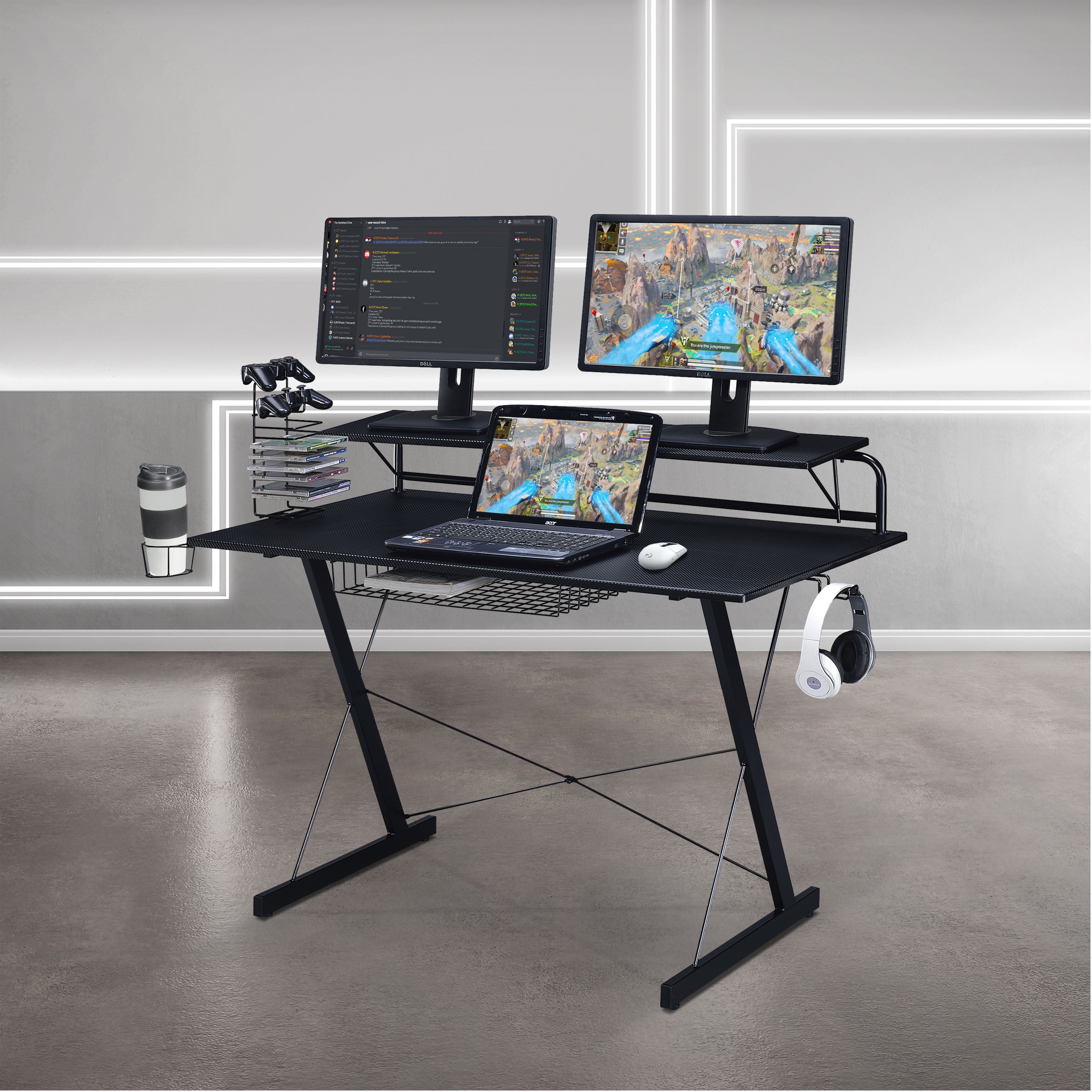 Gaming Desk, Black w/ Shelving