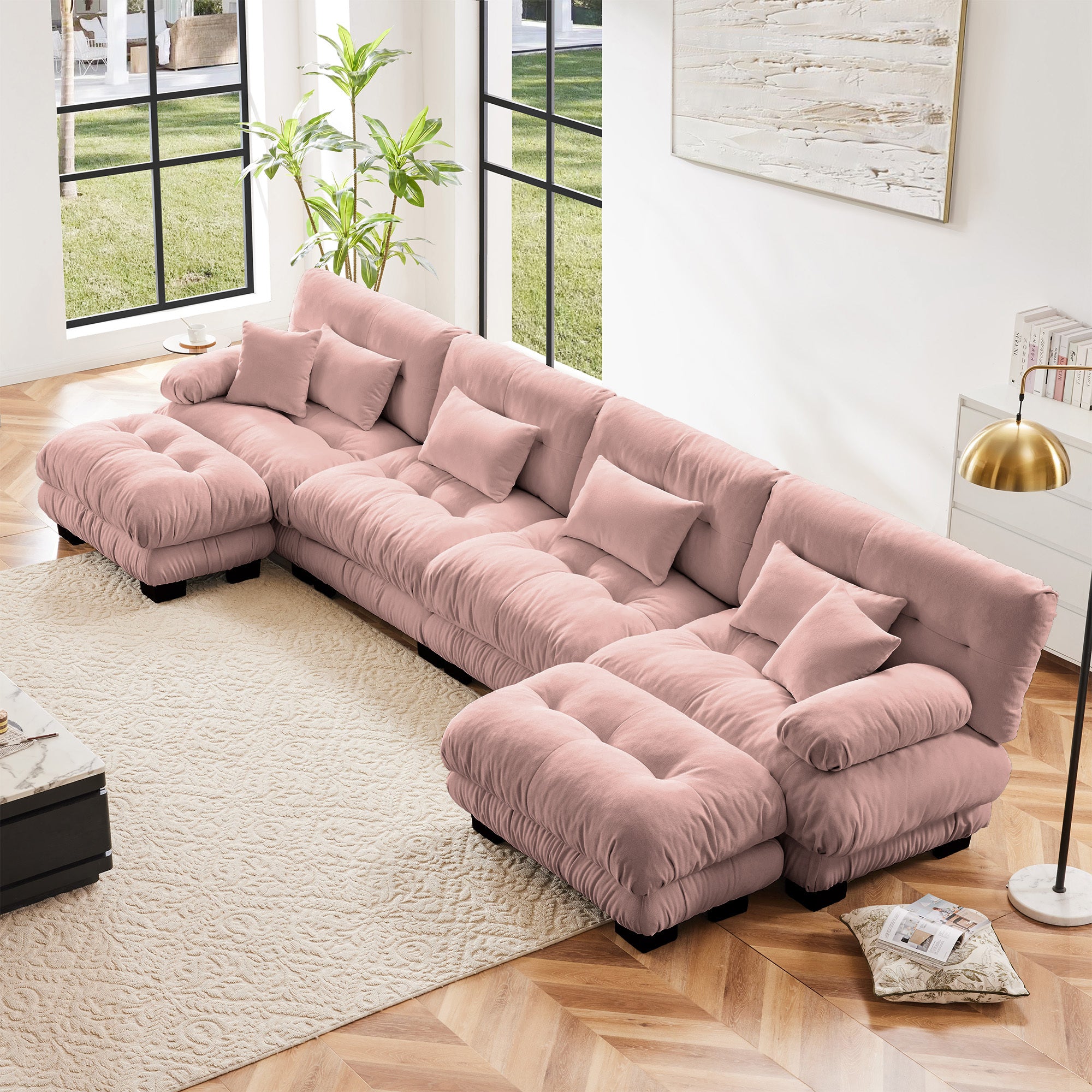 Pink Chenille U-Shaped Sectional Sofa with Ottomans