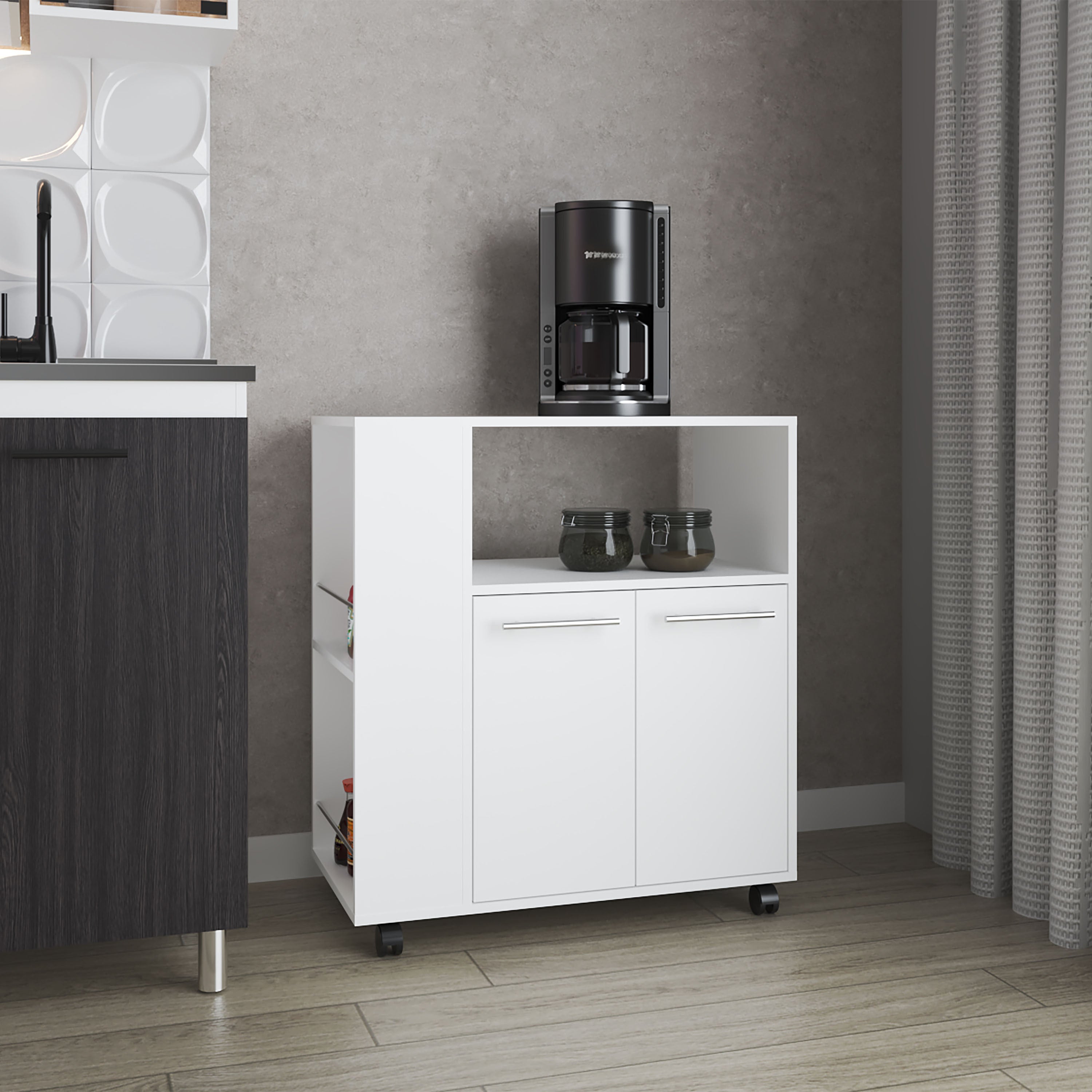 Linden Kitchen Cart w/ Microwave Shelf & Cabinet - White