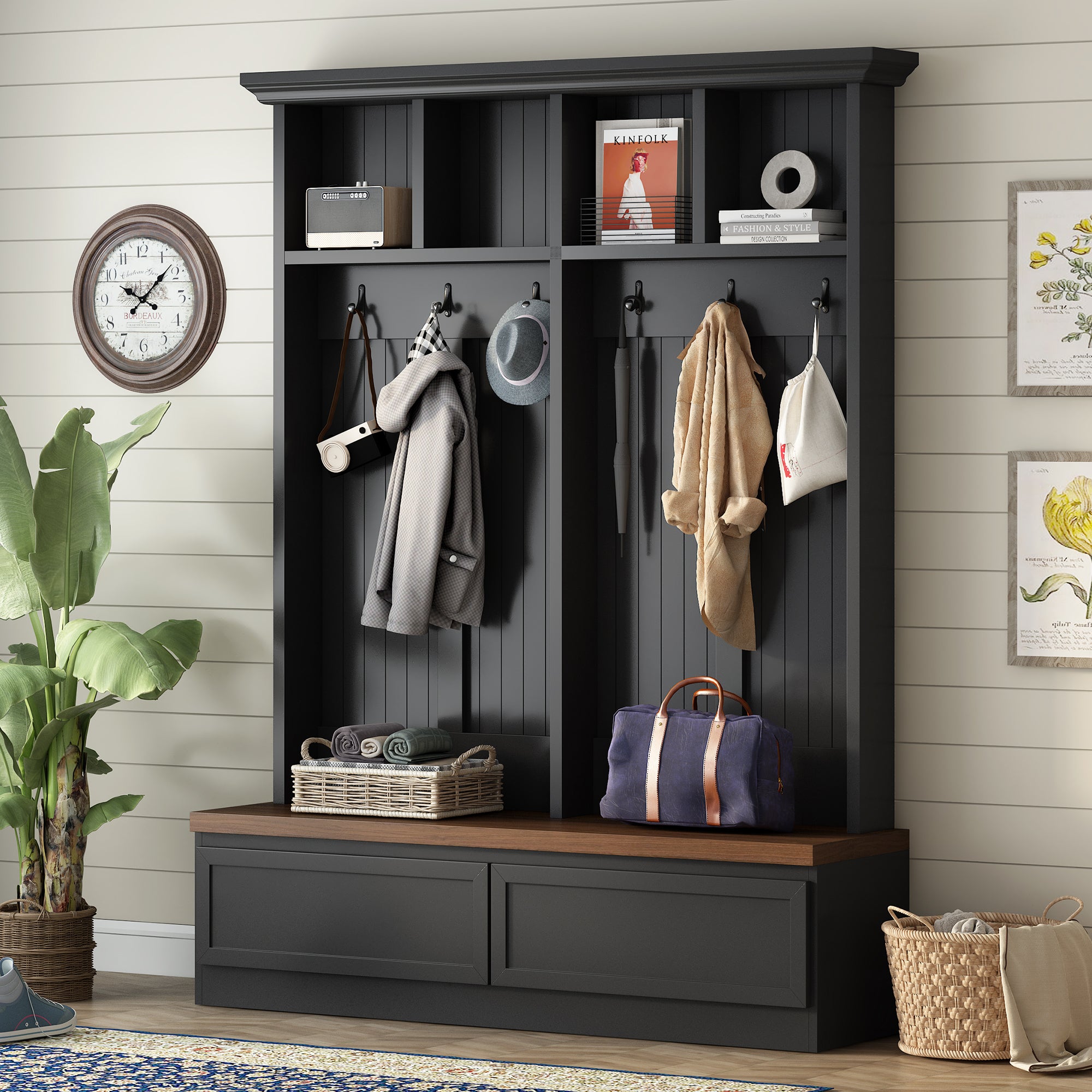 Farmhouse Hall Tree w/ Bench & Drawers, Black