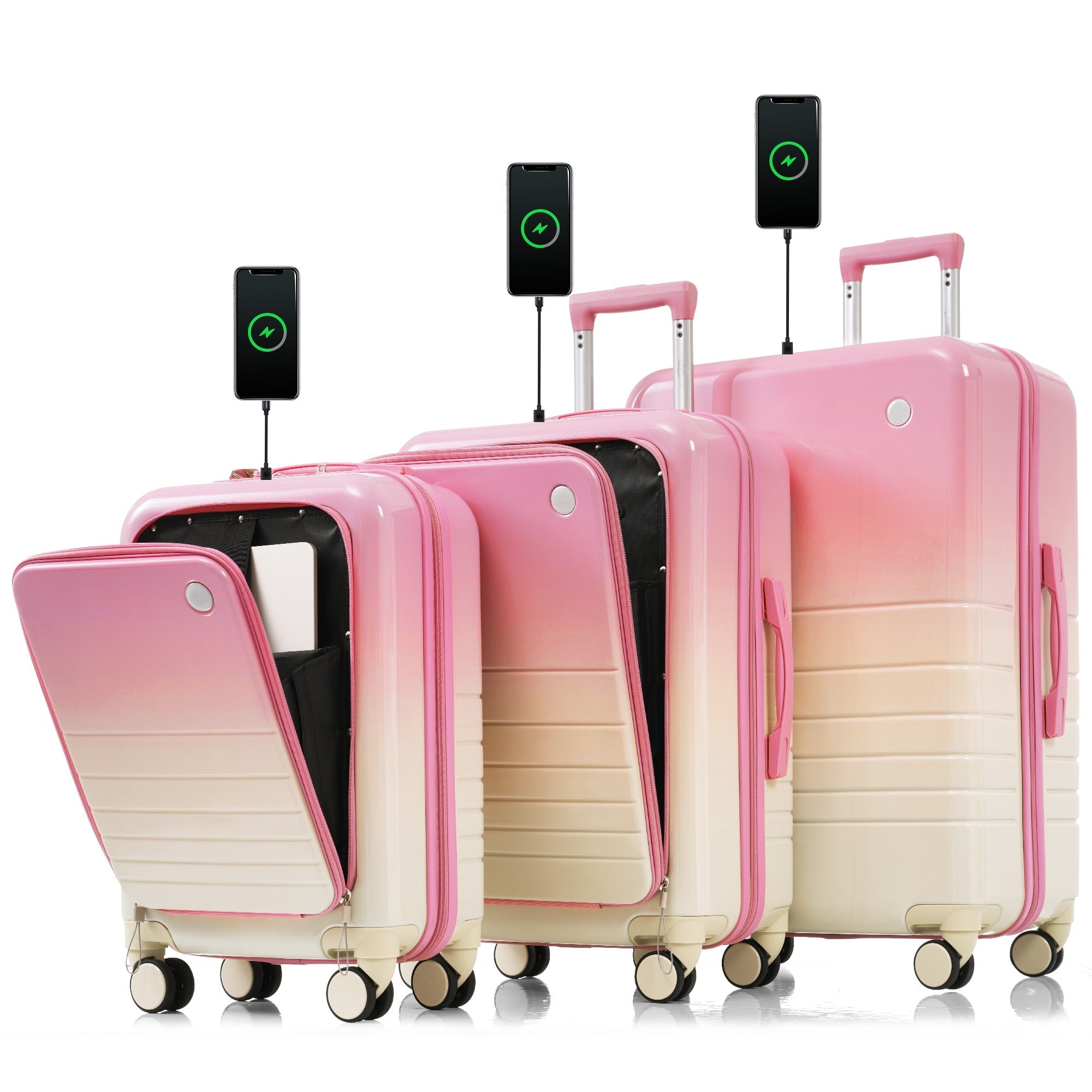 Pink 3-Piece Luggage Set w/ USB & Spinner Wheels