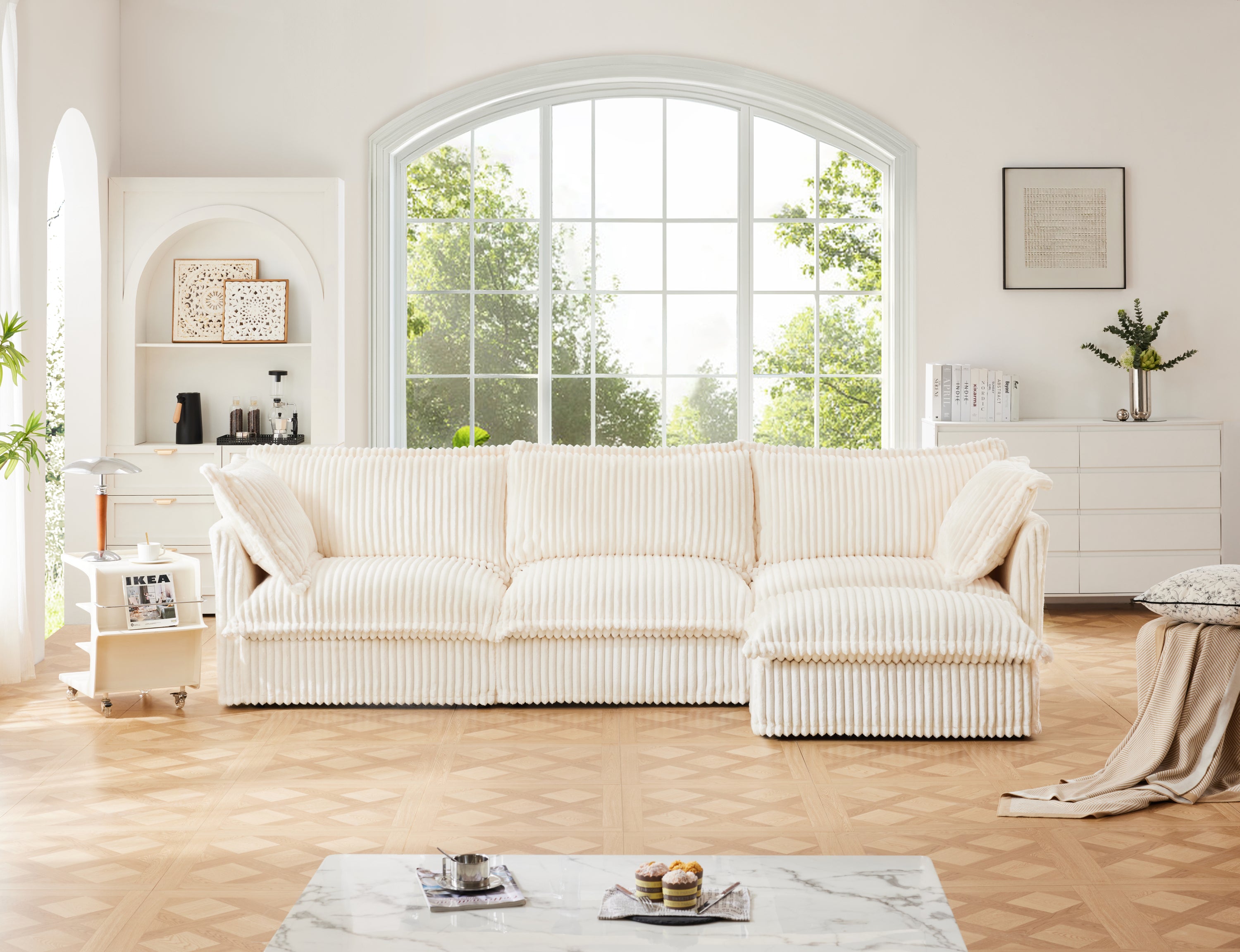 Cream Corduroy L-Shaped Sectional Sofa