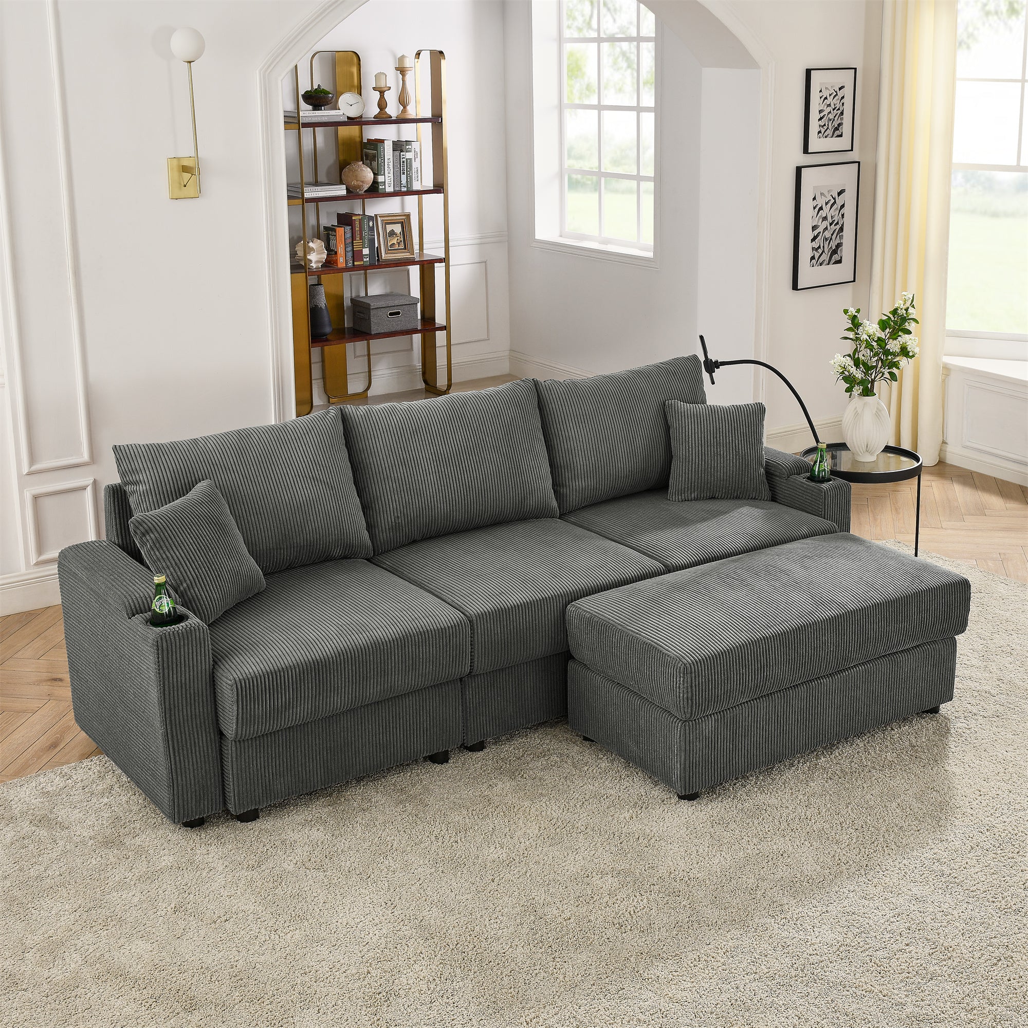 Modern L-Shaped Couch w/ Storage & Ottoman