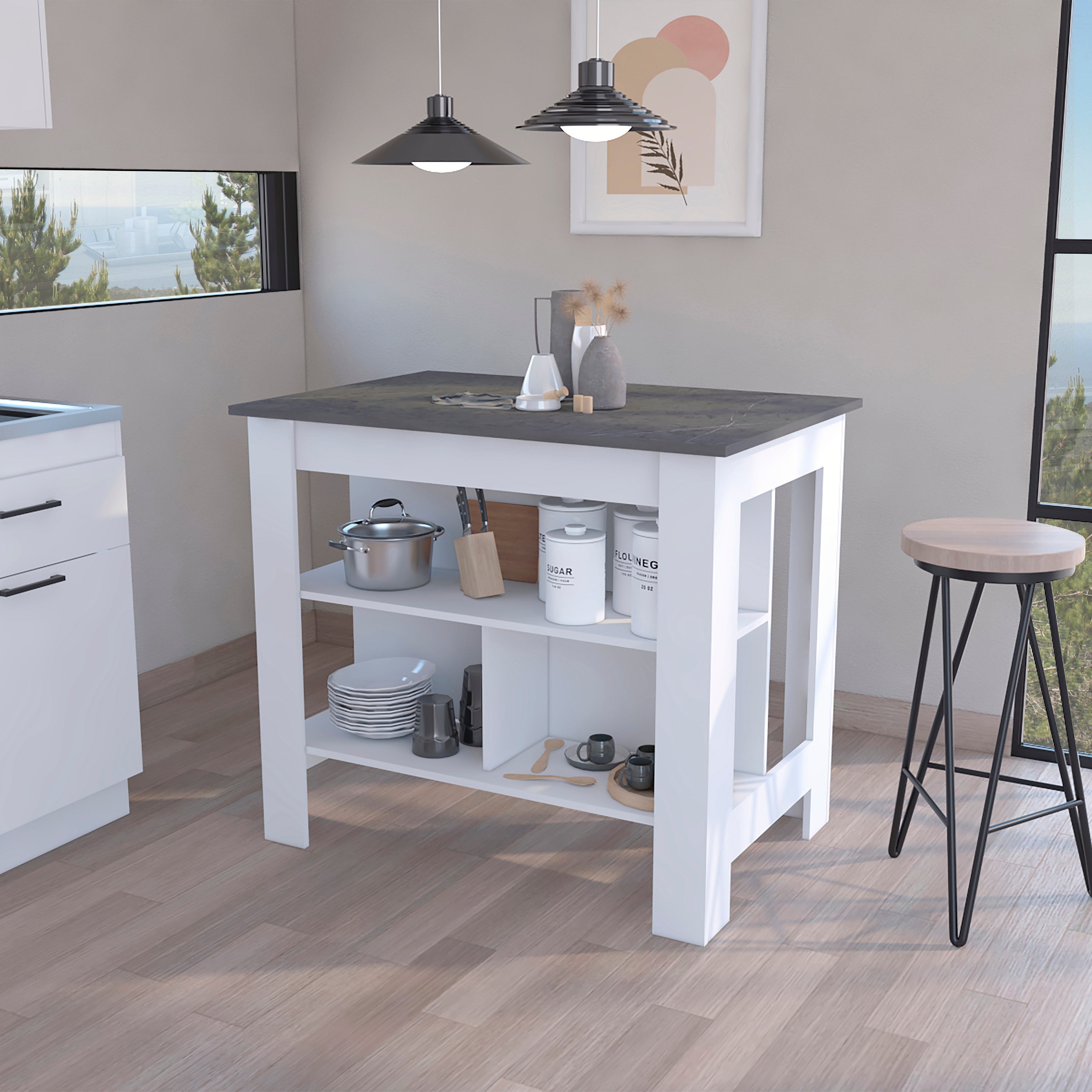 Dozza Kitchen Island, 3 Shelves, White & Onyx