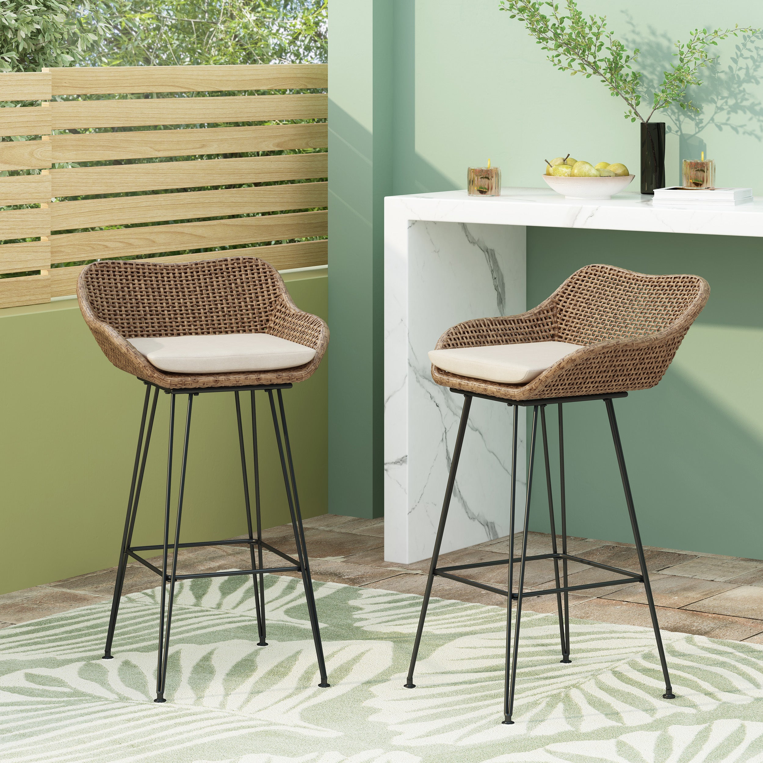 Wicker & Iron Barstools (Set of 2), 29.25"