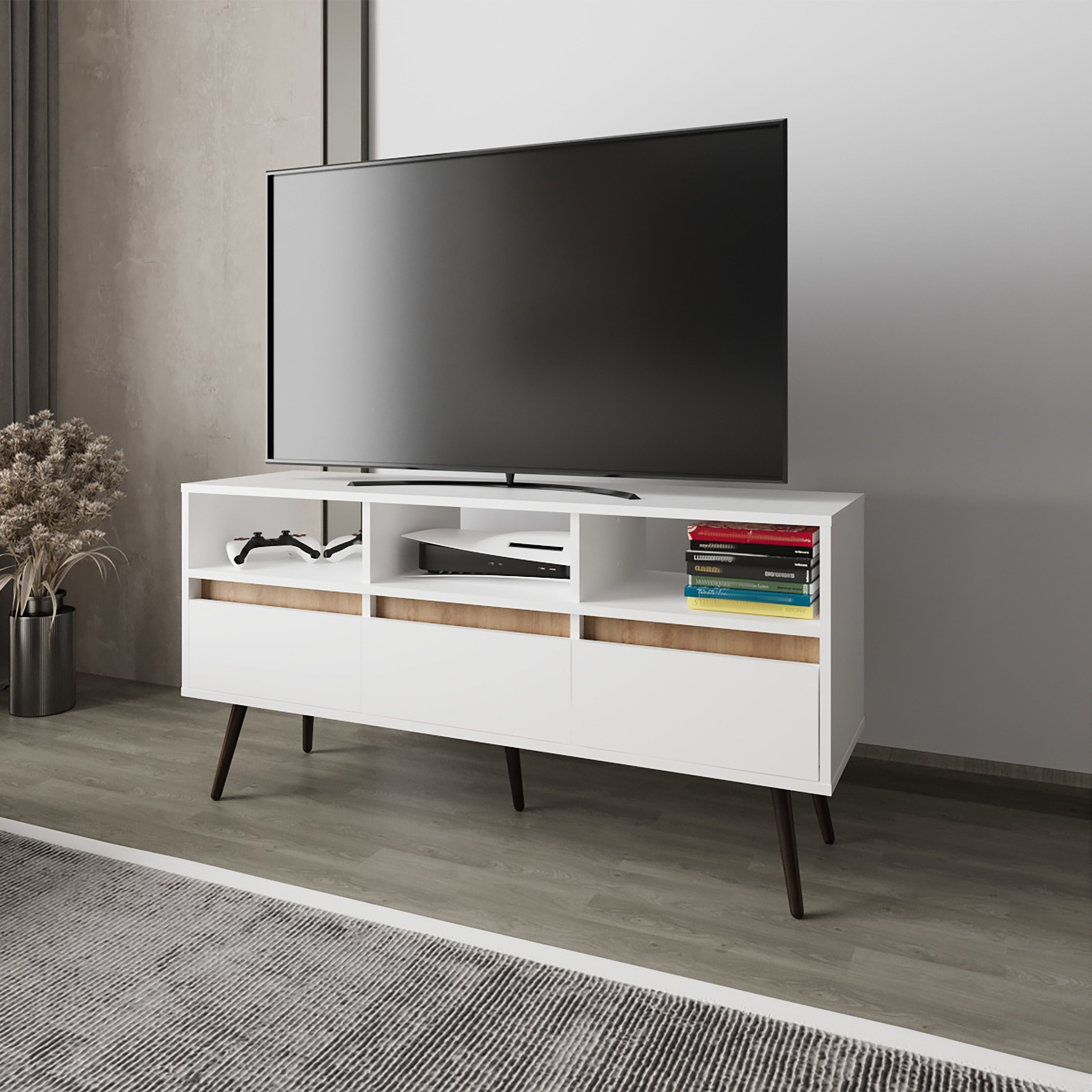 Picacho TV Stand, White & Natural Oak, 3 Drawers & Shelves