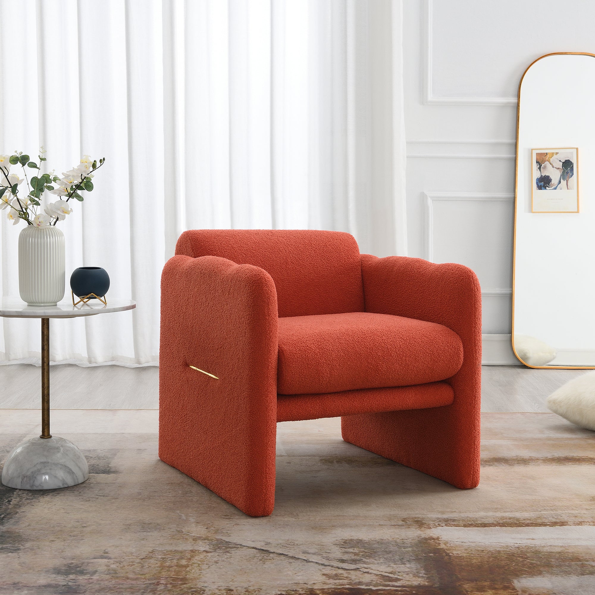 Orange Teddy Fabric Armchair with Metal Accents