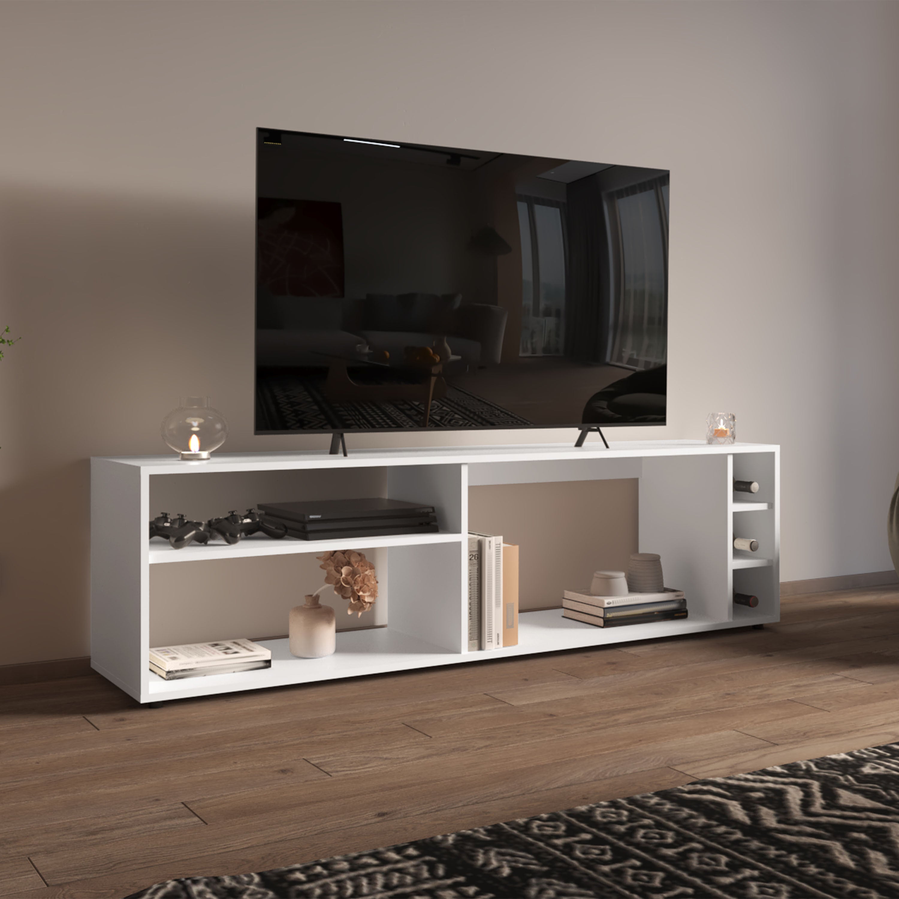 Suxta 63" White TV Stand w/ Shelves & Bottle Cubbies