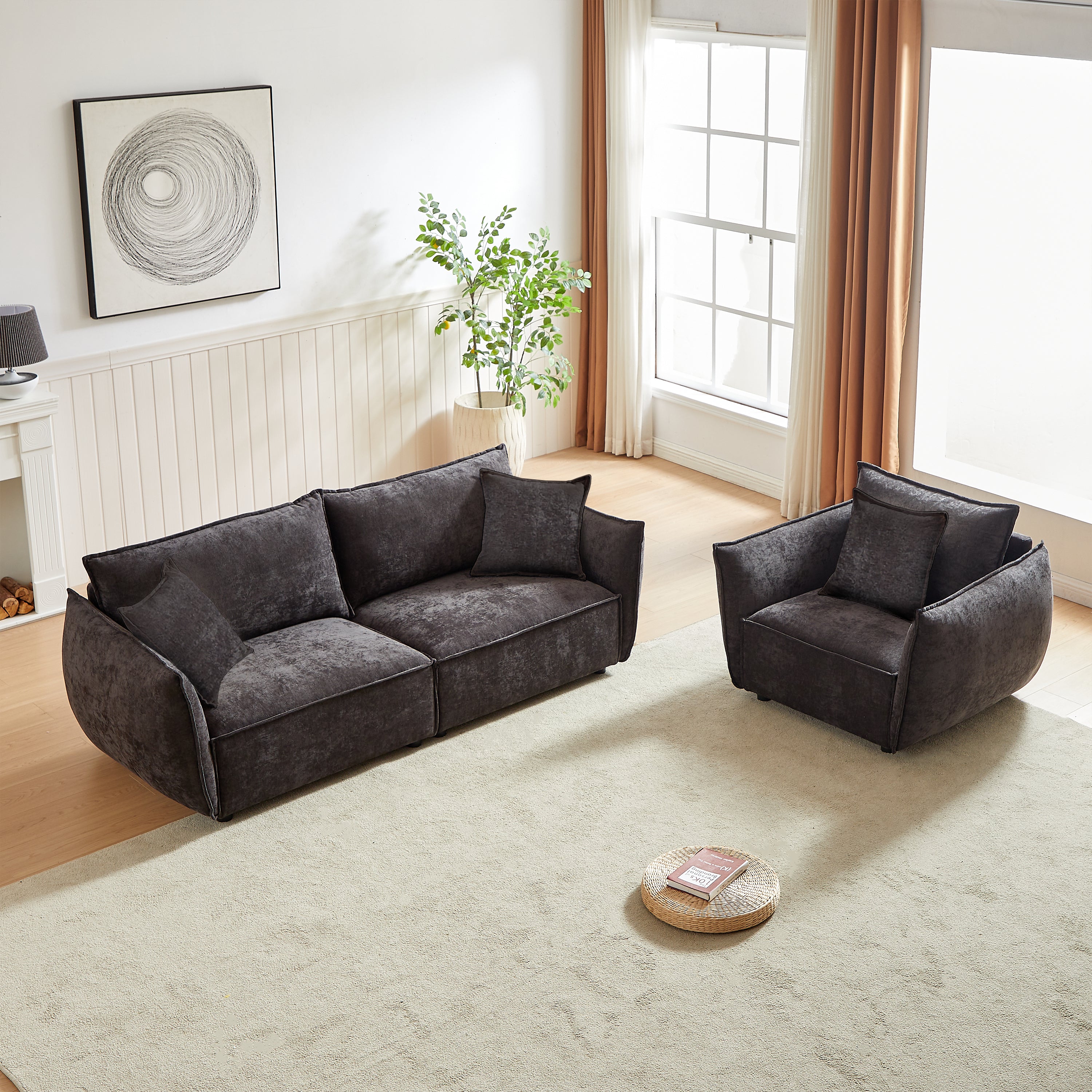 Modern 3+1 Seater Linen Sofa Set w/ Wooden Frame