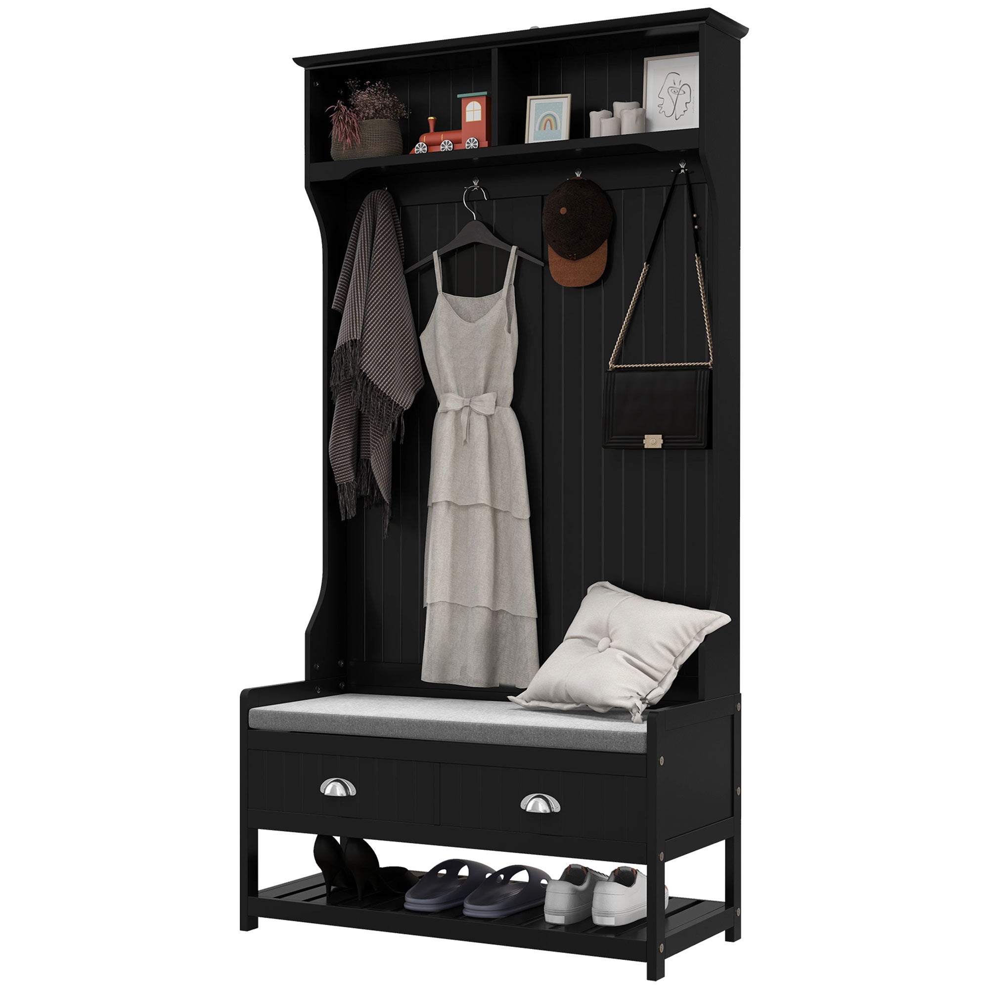 3-in-1 Hall Tree w/ Storage & Coat Rack - Black