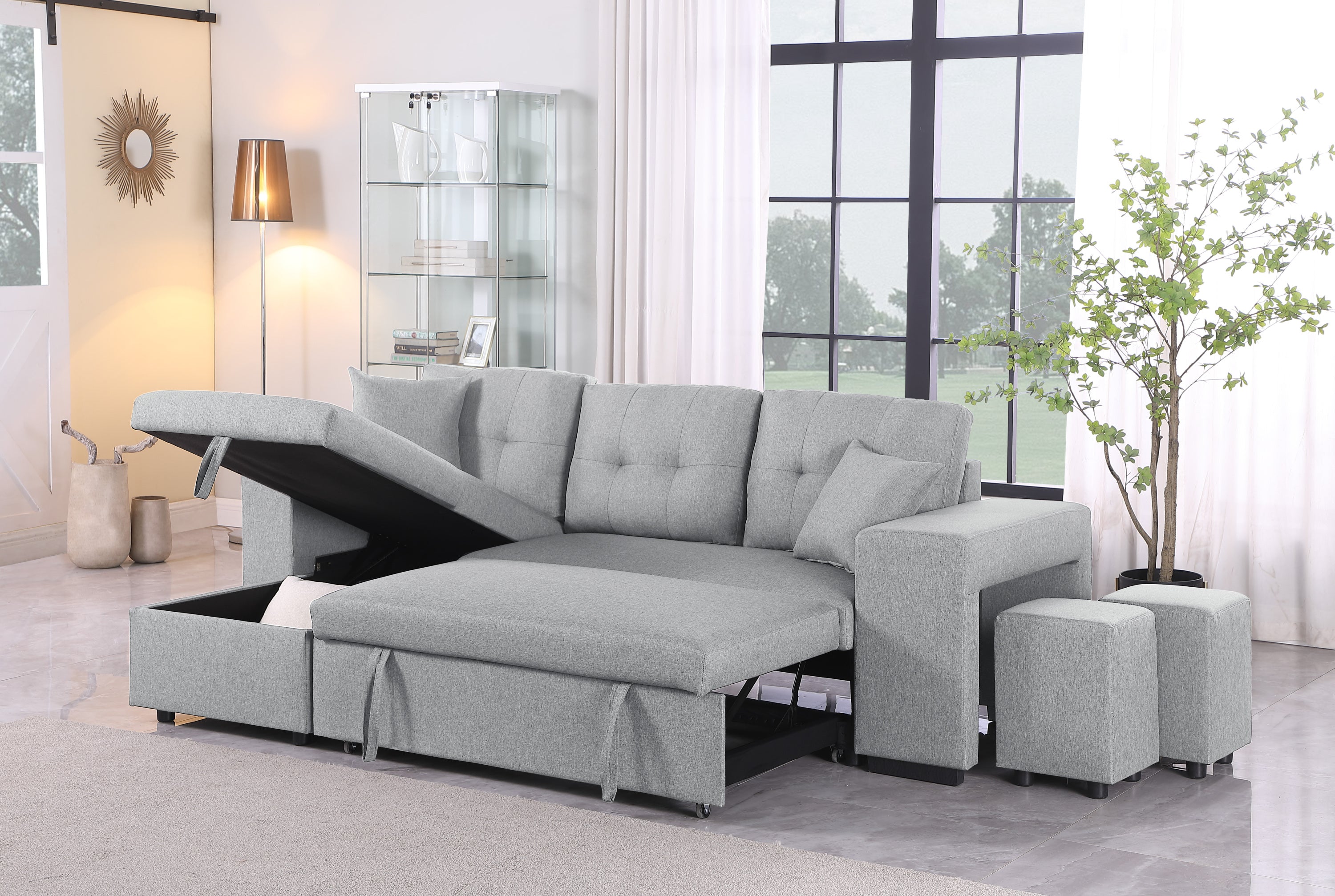 Daniel Upholstered Reversible Sectional w/ Pull-Out Loveseat