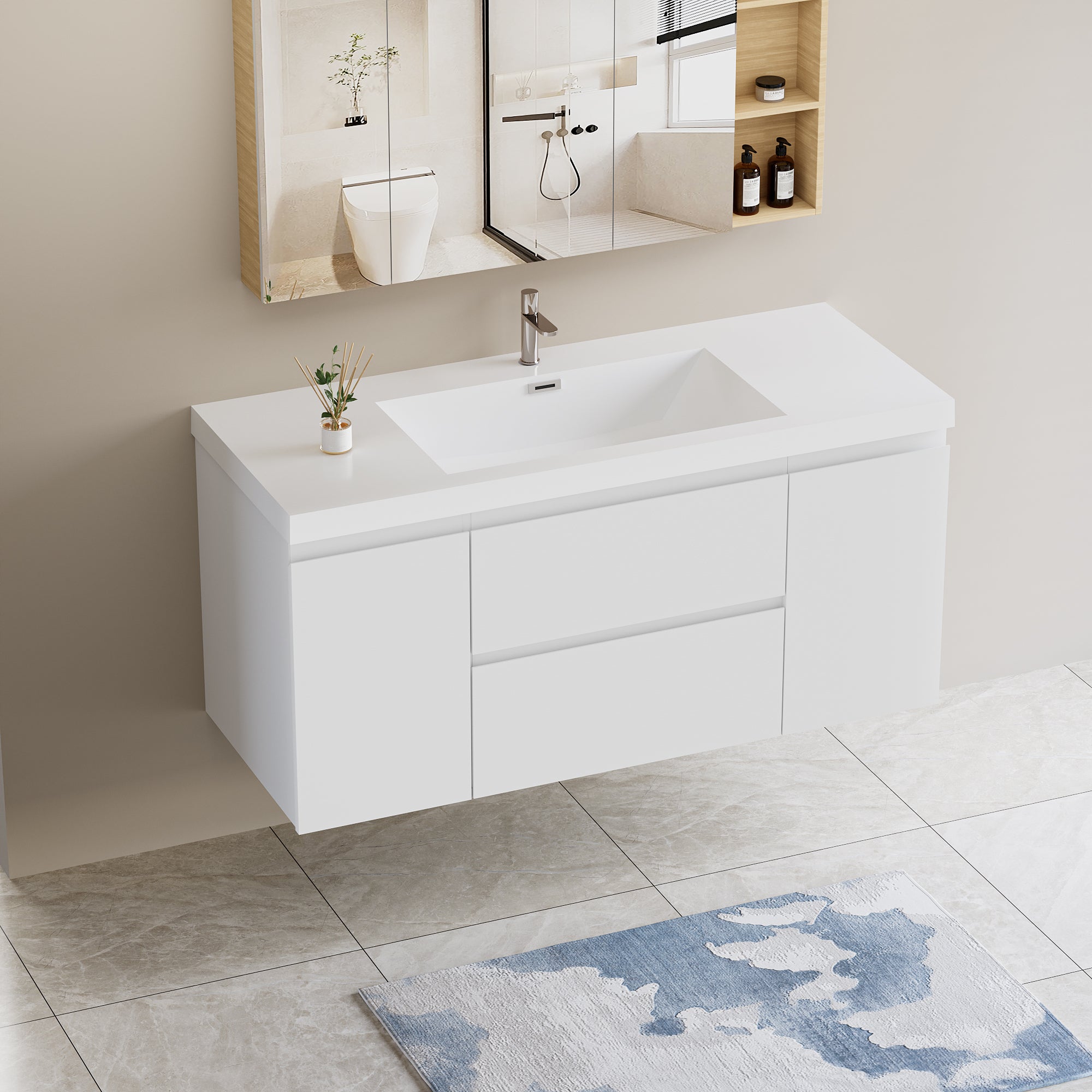 48" Floating Bathroom Vanity: Modern White, Soft Close