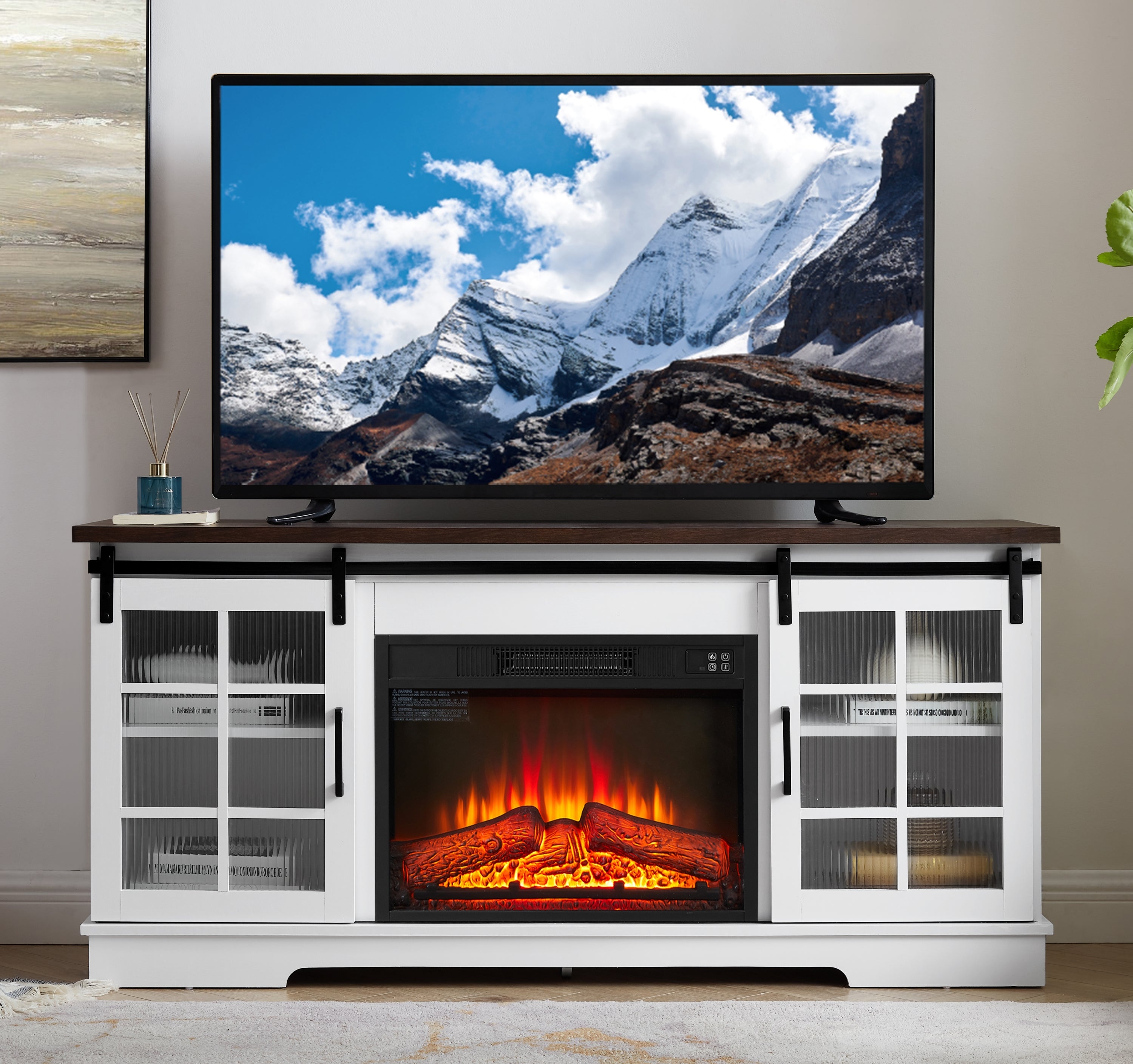 Sliding Door TV Cabinet w/ Fireplace & Storage (White/Brown)