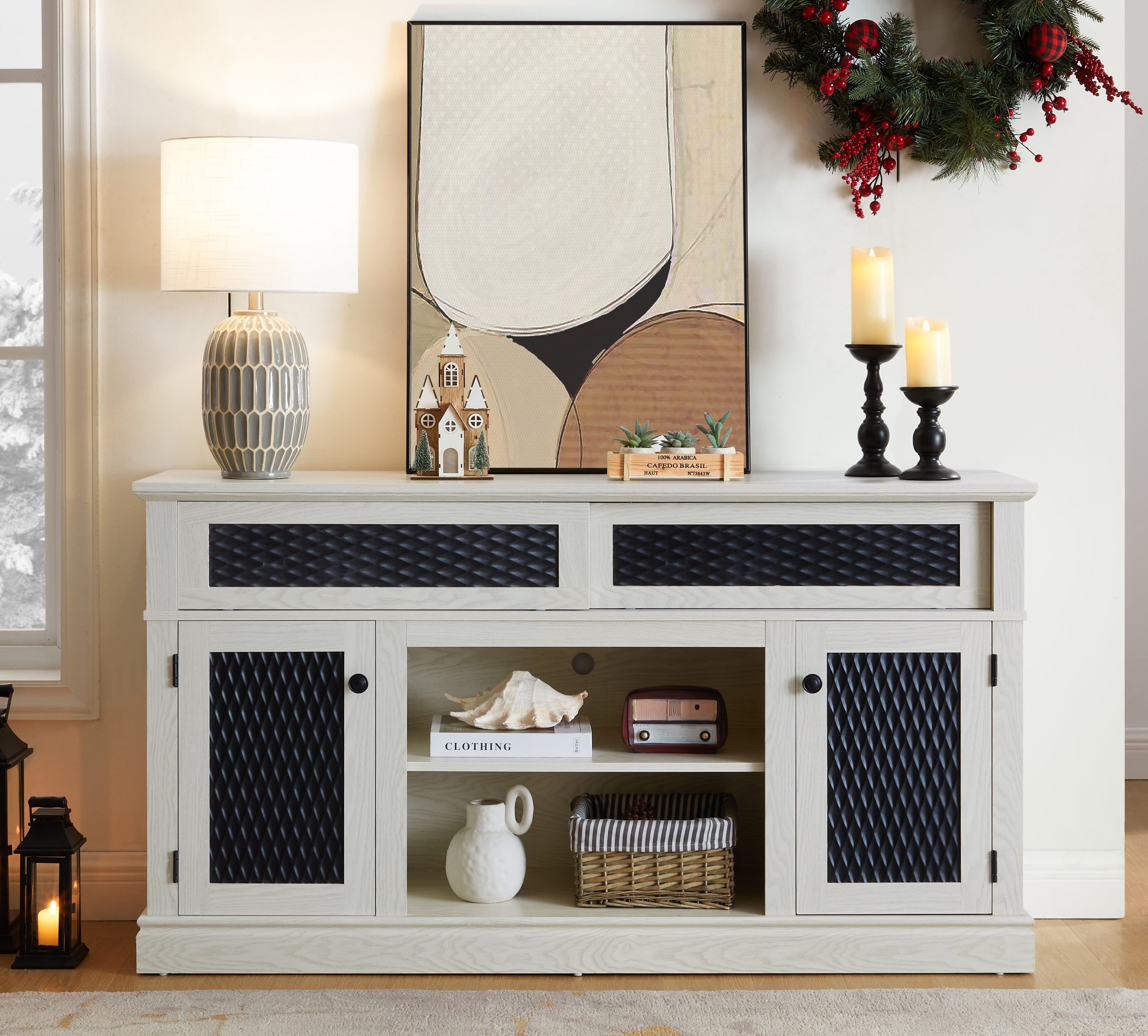 Embossed TV Stand, Console w/ Sliding Door - White 58"