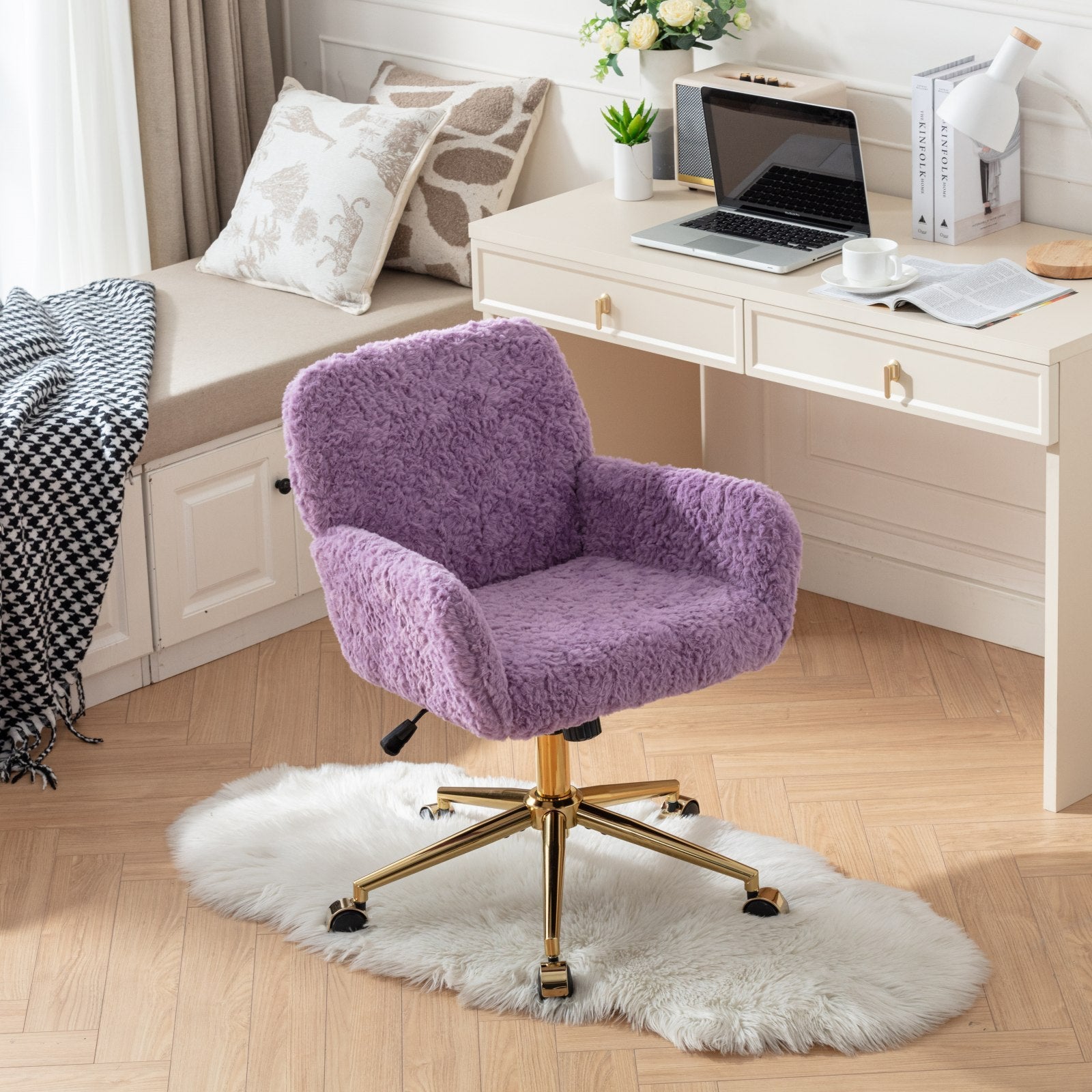 Violet Rabbit Fur Office Chair | Gold Base | Adjustable