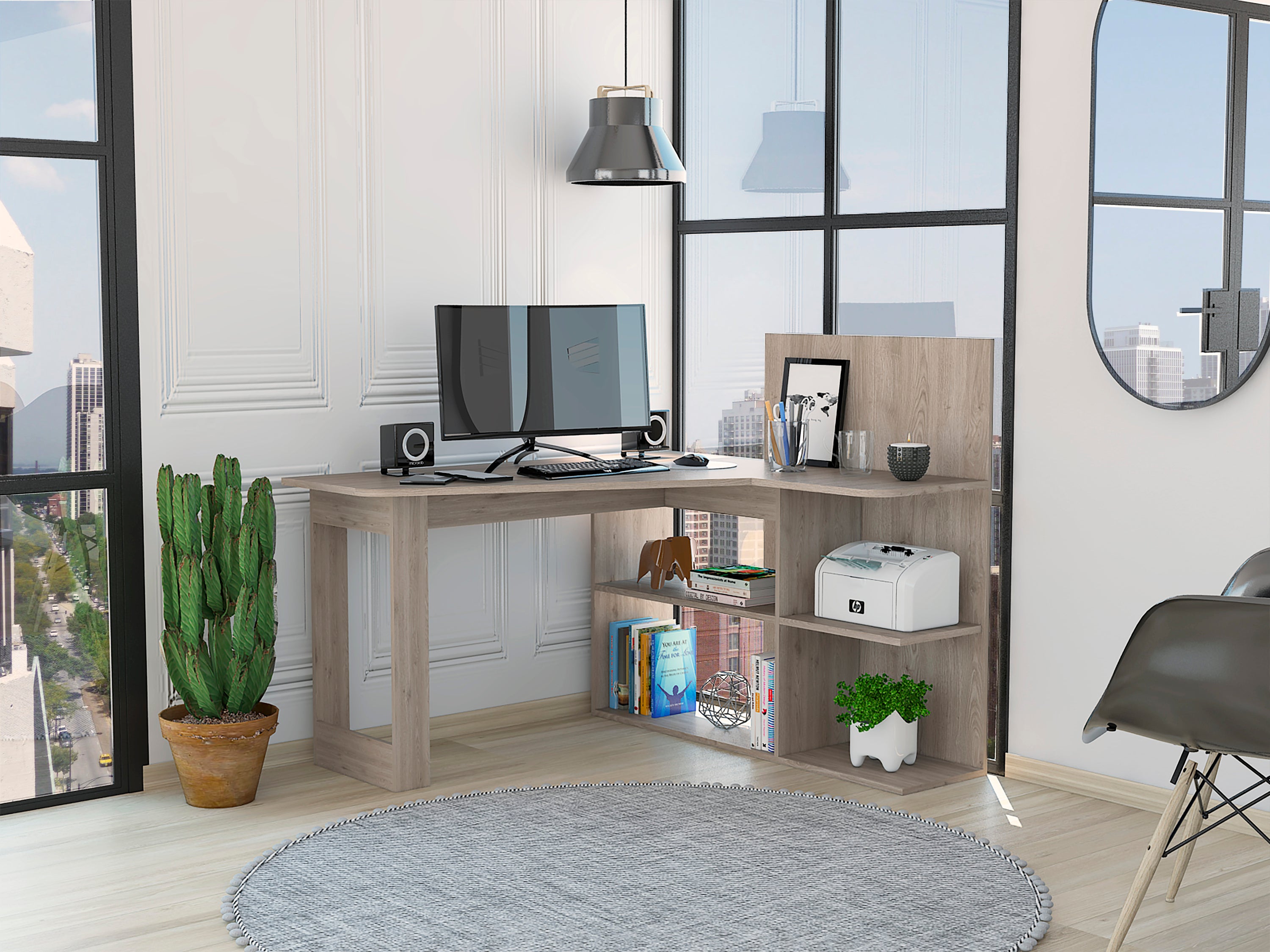 Fairfield L-Shaped Computer Desk, 4-Shelf, Light Gray
