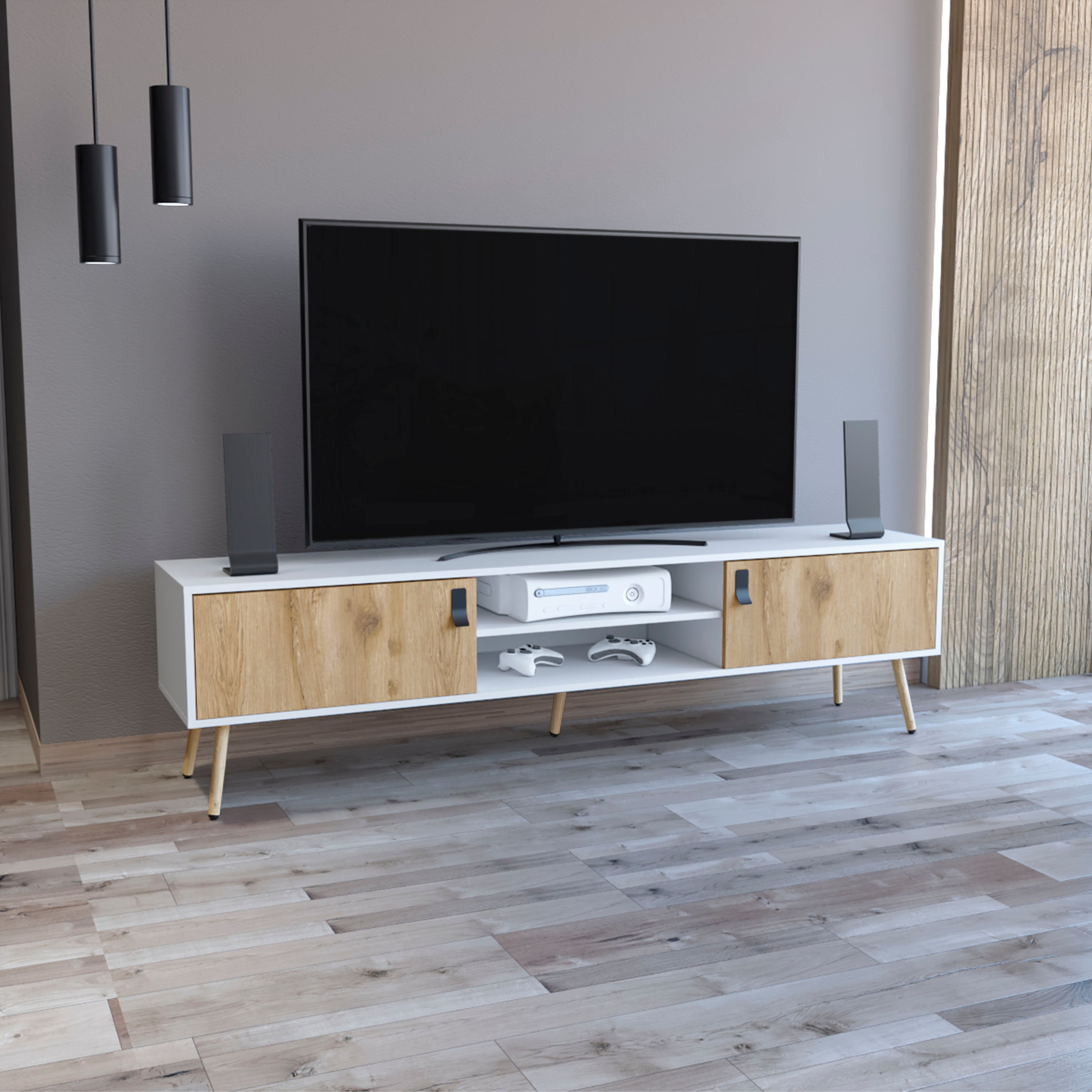 Huna TV Stand: Dual-Tone Media Console w/ Drawers & Shelves