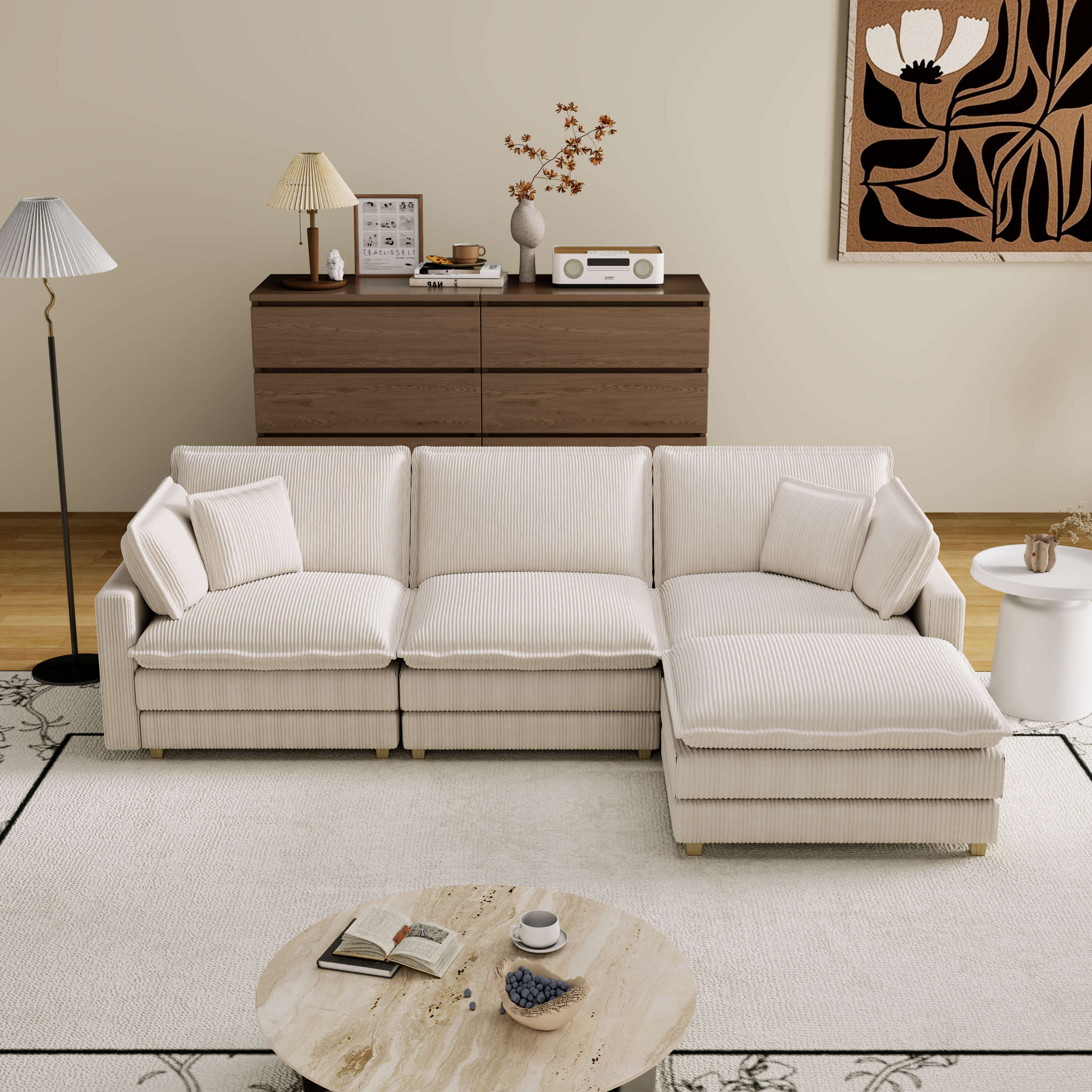 Beige Modular Sectional Sofa with 4 Pillows