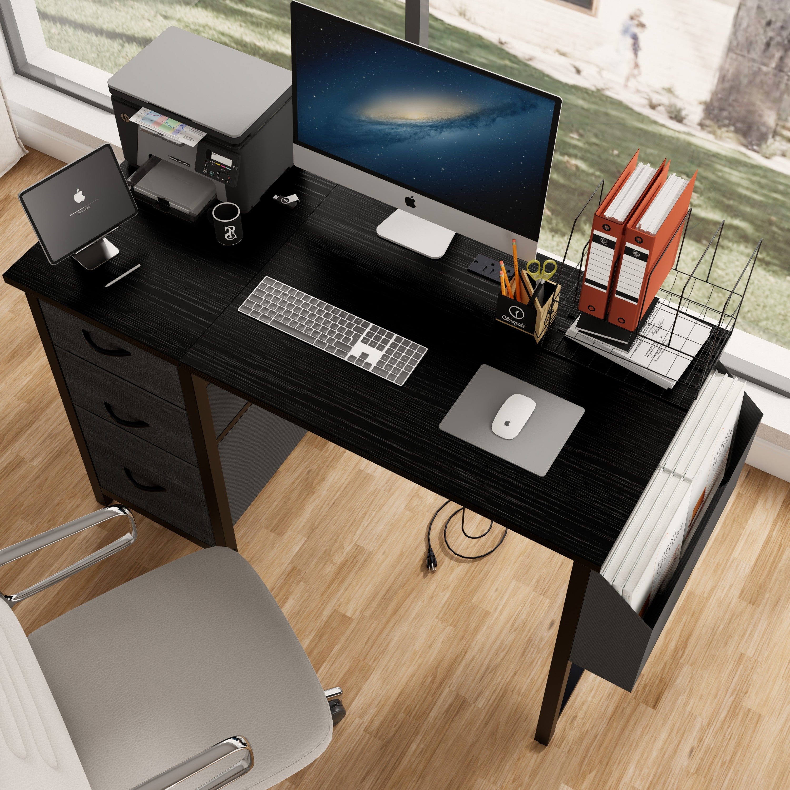 47" Office Desk w/ Power Outlet & Drawers - Black