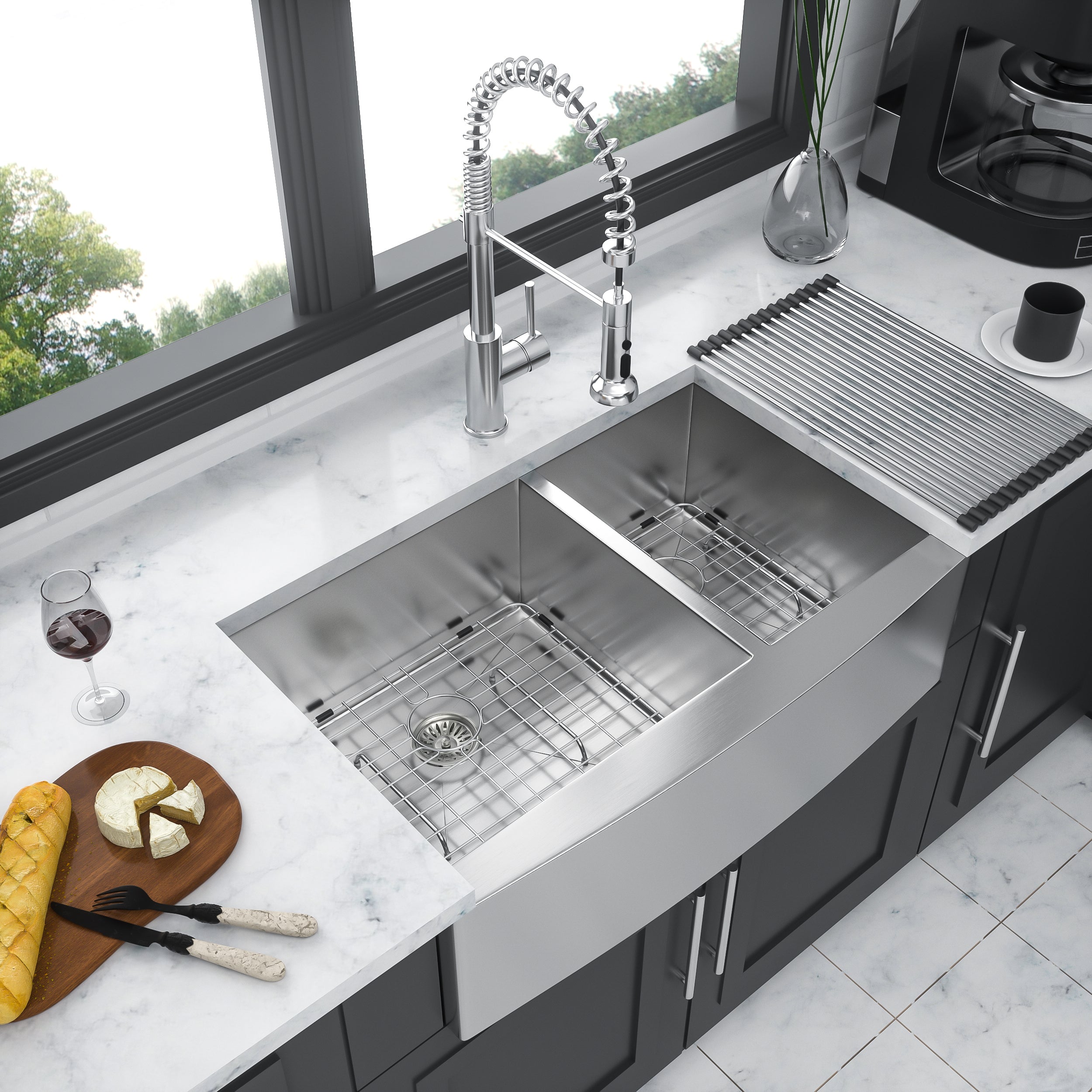 Farmhouse Sink: 33"x20" Double Bowl Stainless Steel
