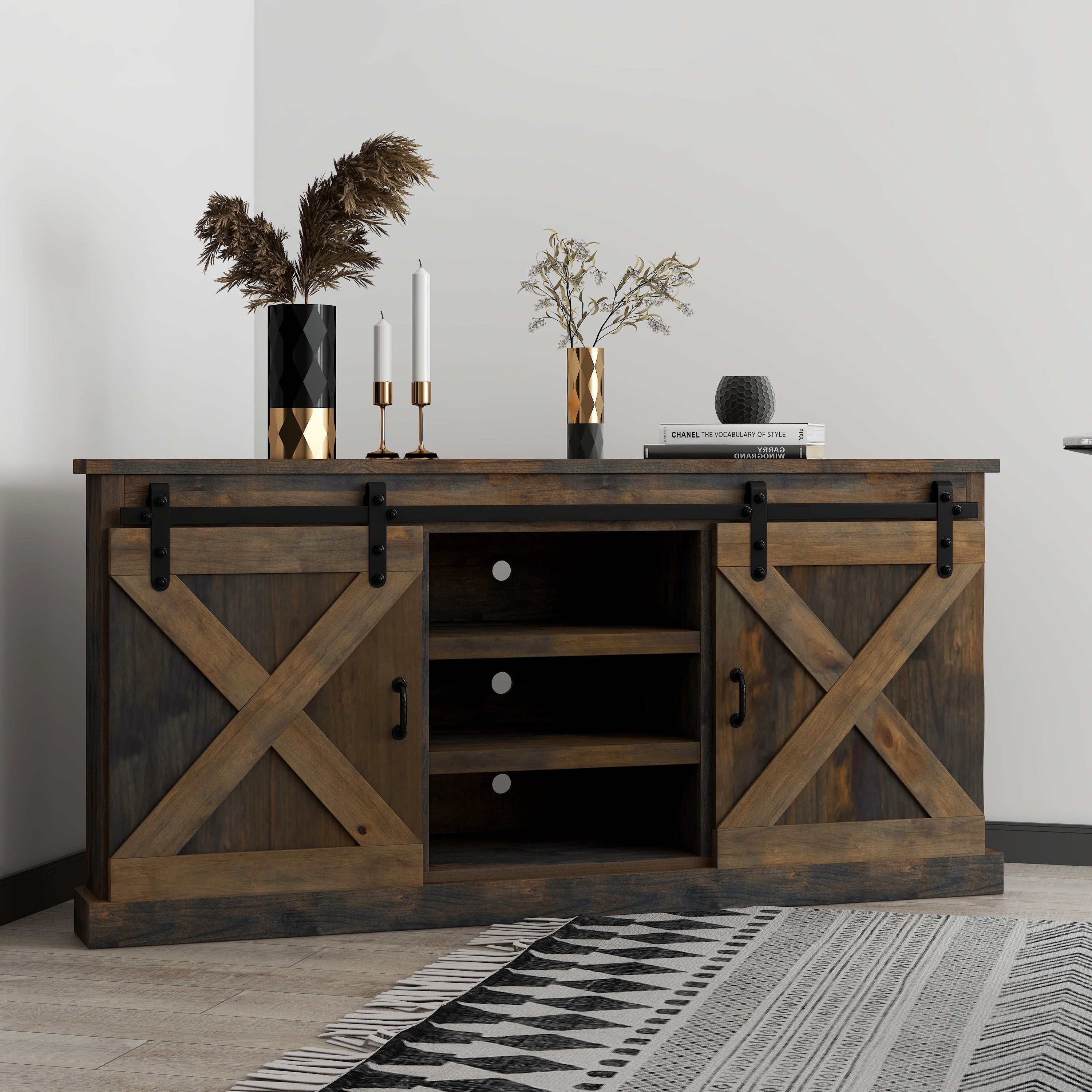 66" Corner TV Stand, Fits 80" TVs, No Assembly, Barnwood