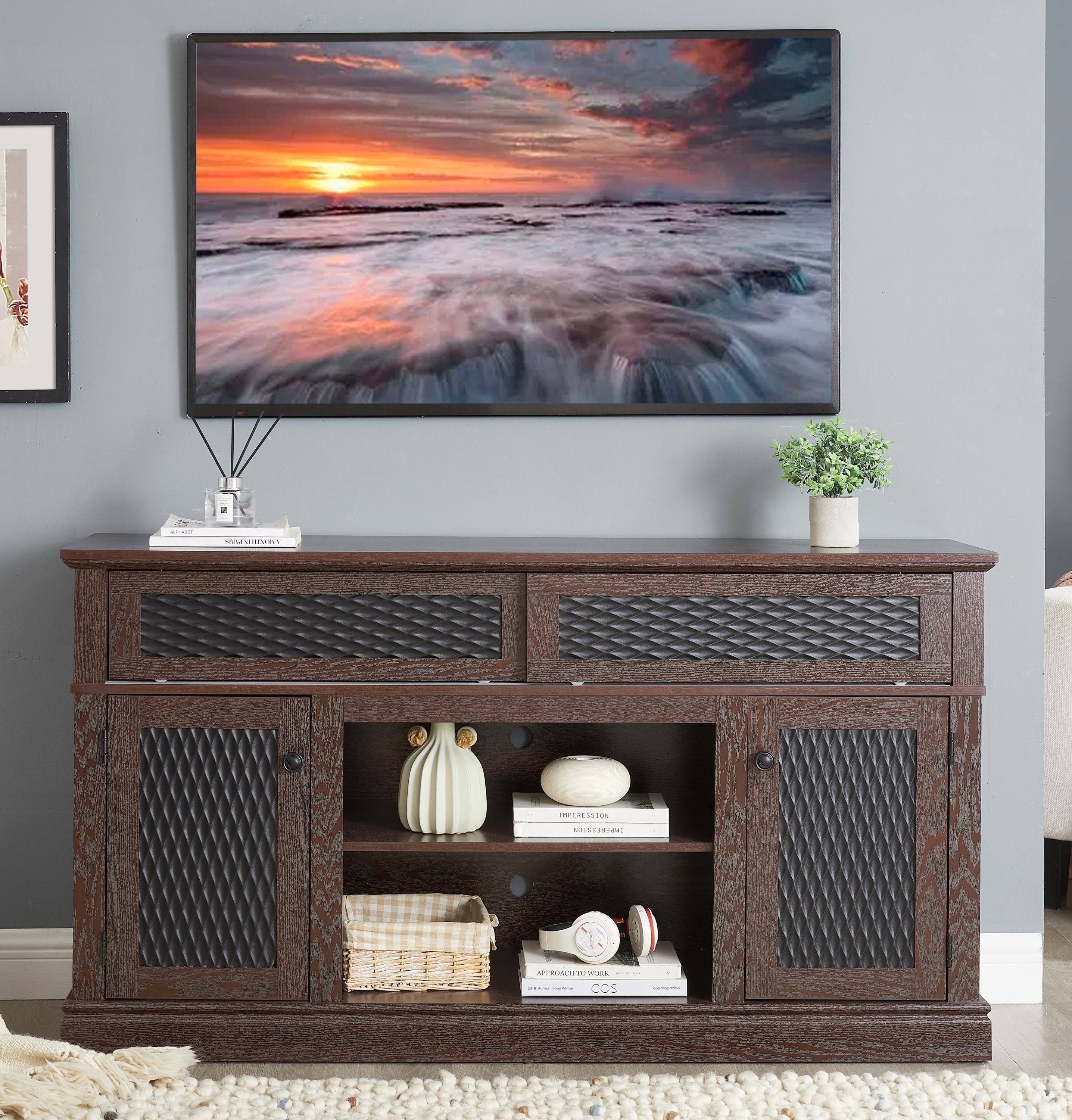 Dark Cherry TV Stand Console, 58" Media Storage Cabinet