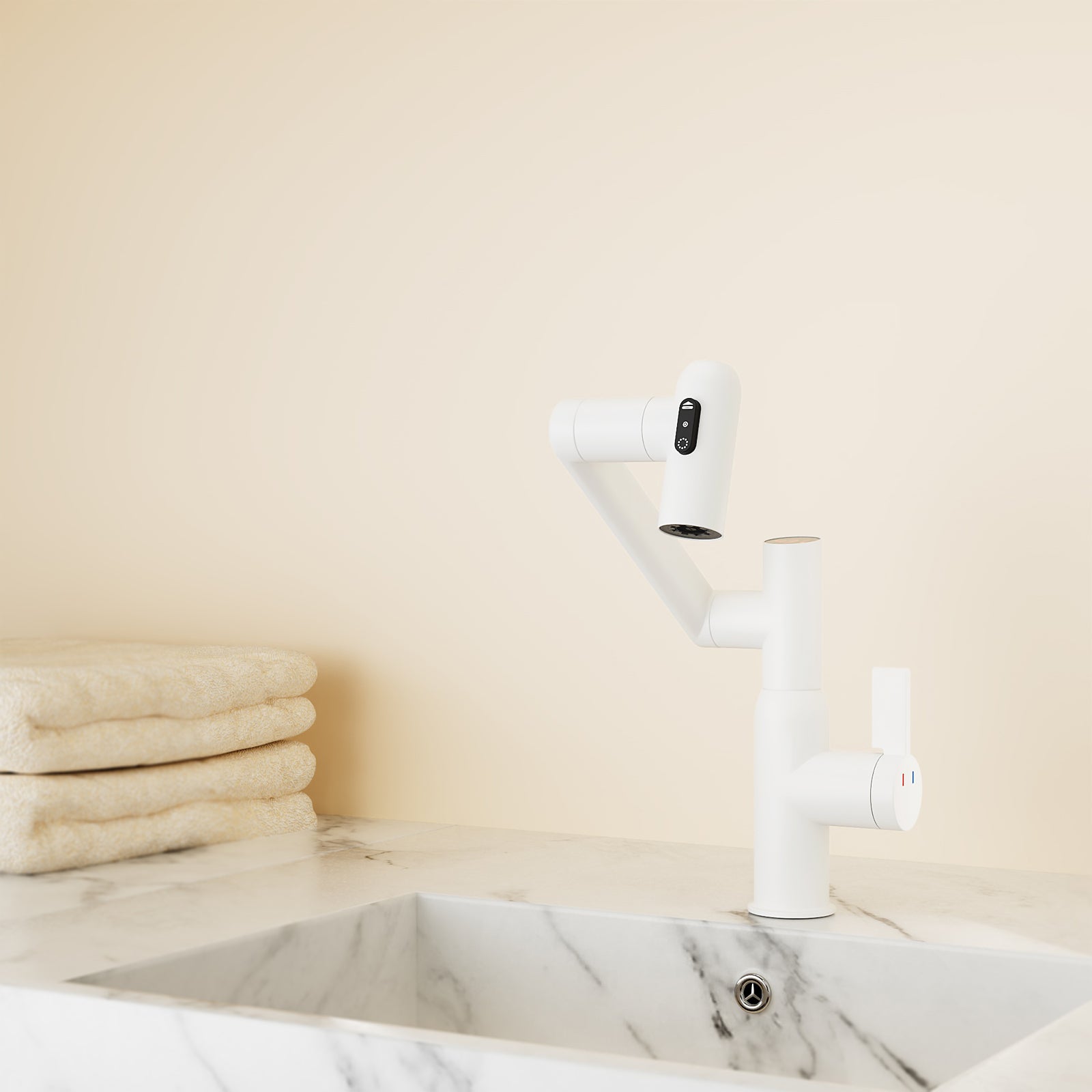 White Bathroom Sink Faucet: Spray, Temp Display, 360°