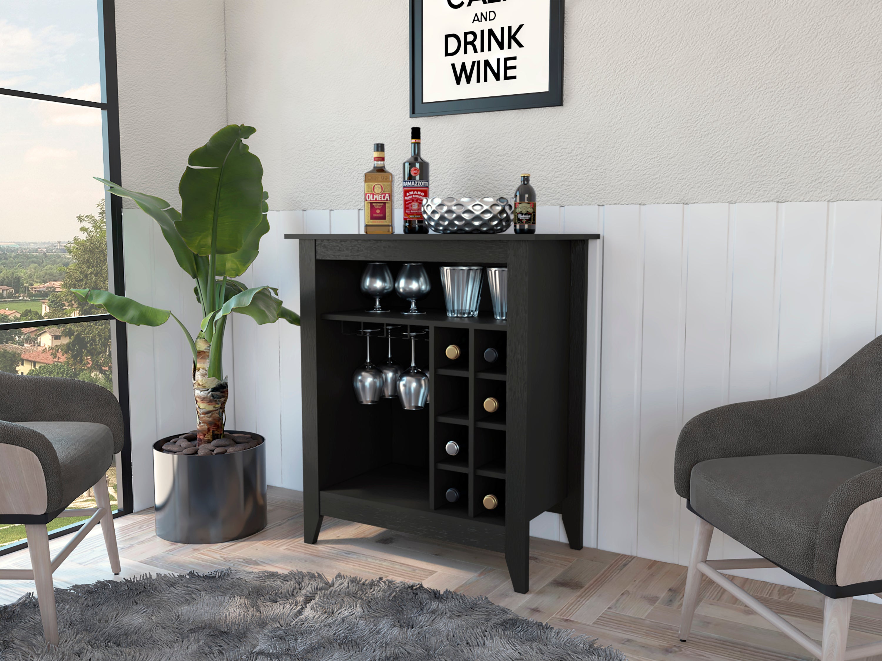 New Canaan Black Bar Cabinet: 6 Bottles, 1 Drawer