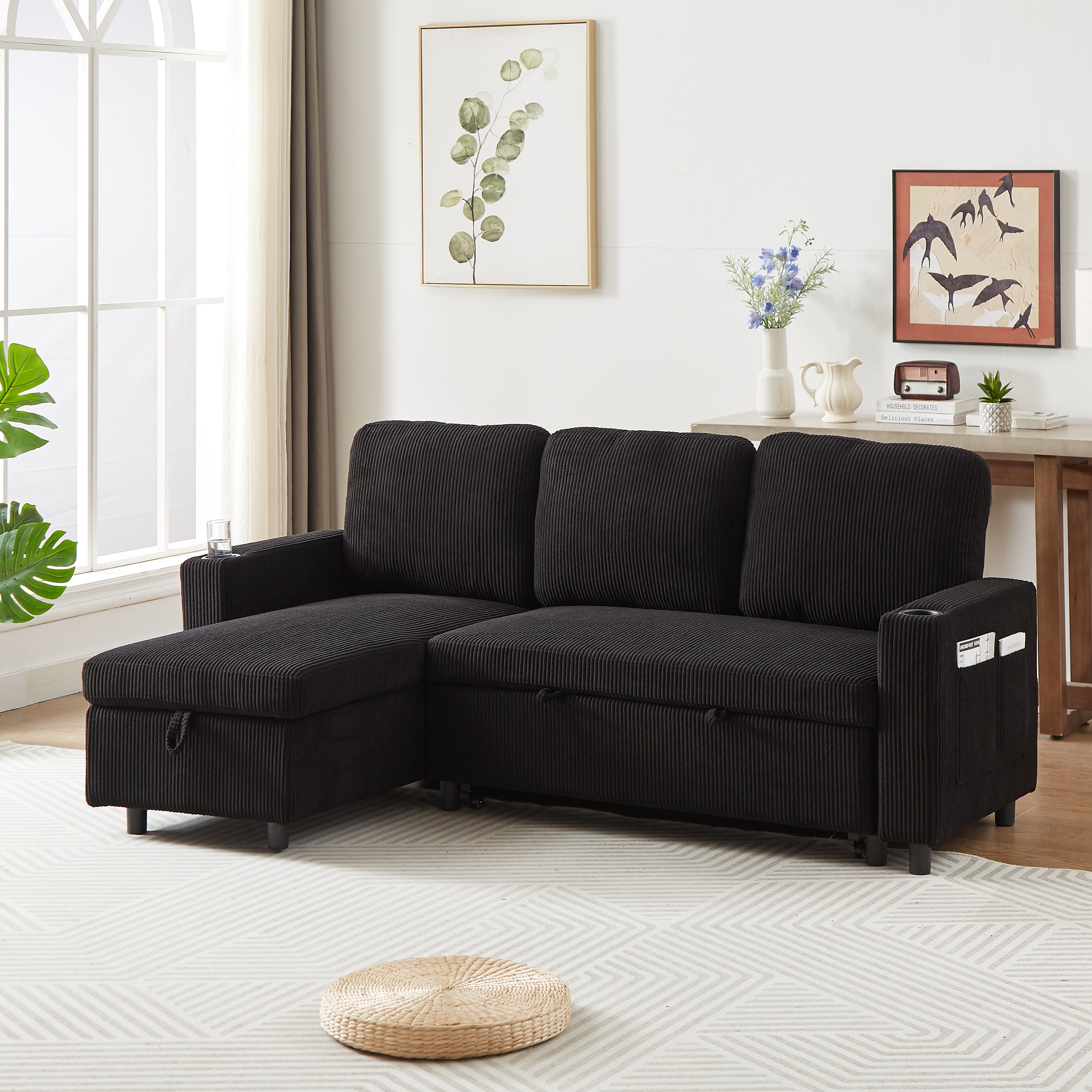 Corduroy L-Shaped Sofa Bed | Pullout Sleeper | Small Spaces