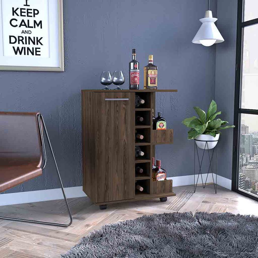 Dark Walnut Bar Cart: 4 Casters, Shelves & Door