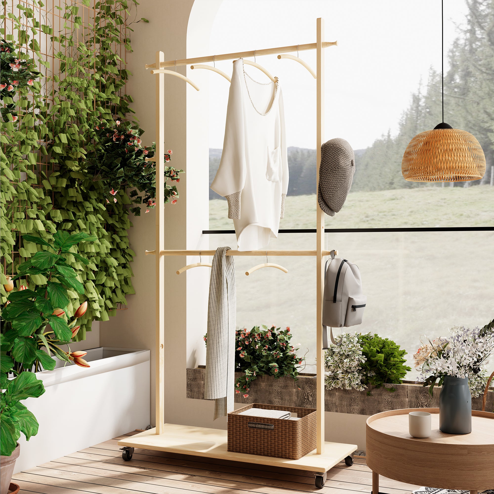 Solid Wood Garment Rack w/ 6 Hangers & Wheels