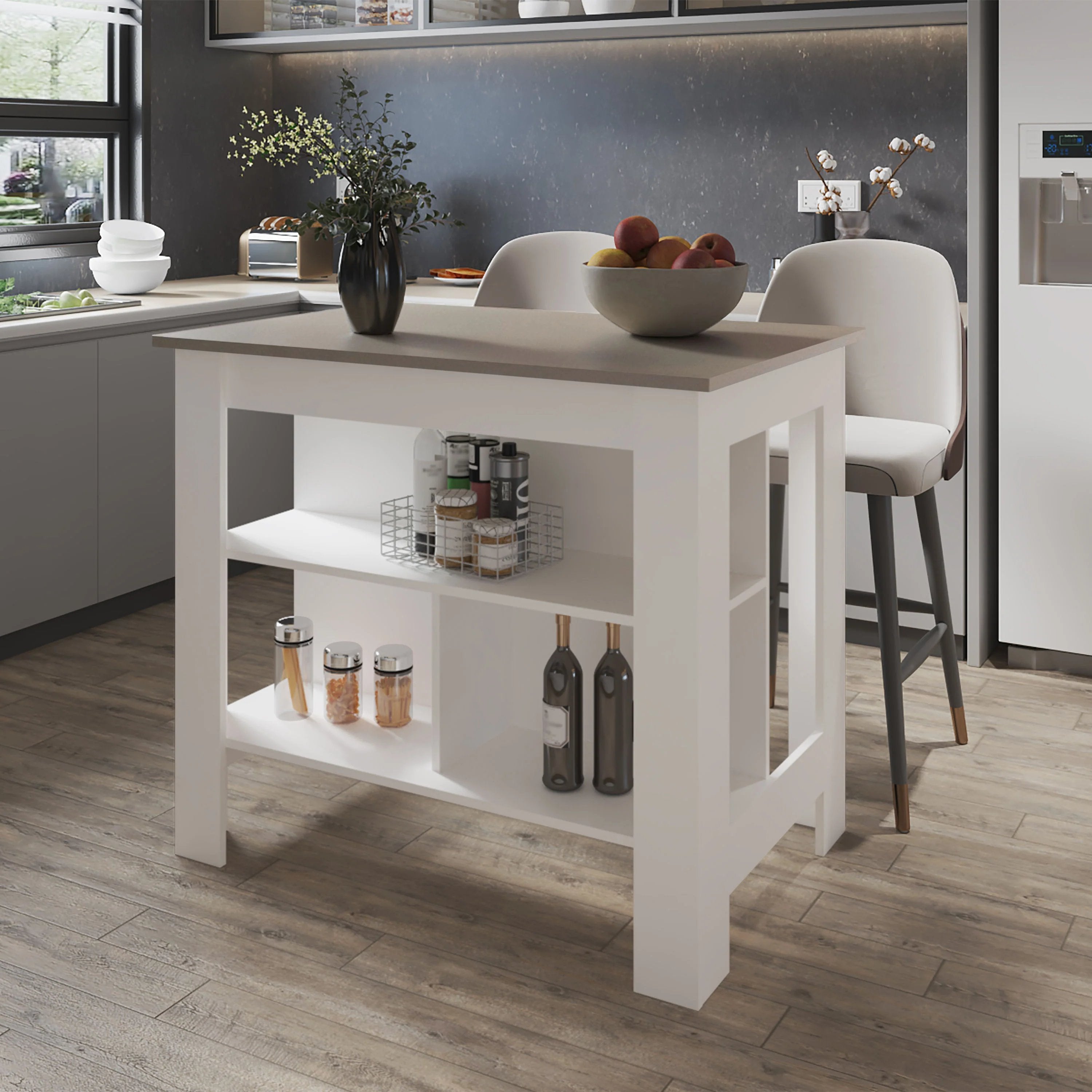 Taupe & White Kitchen Island: Open Shelving Design