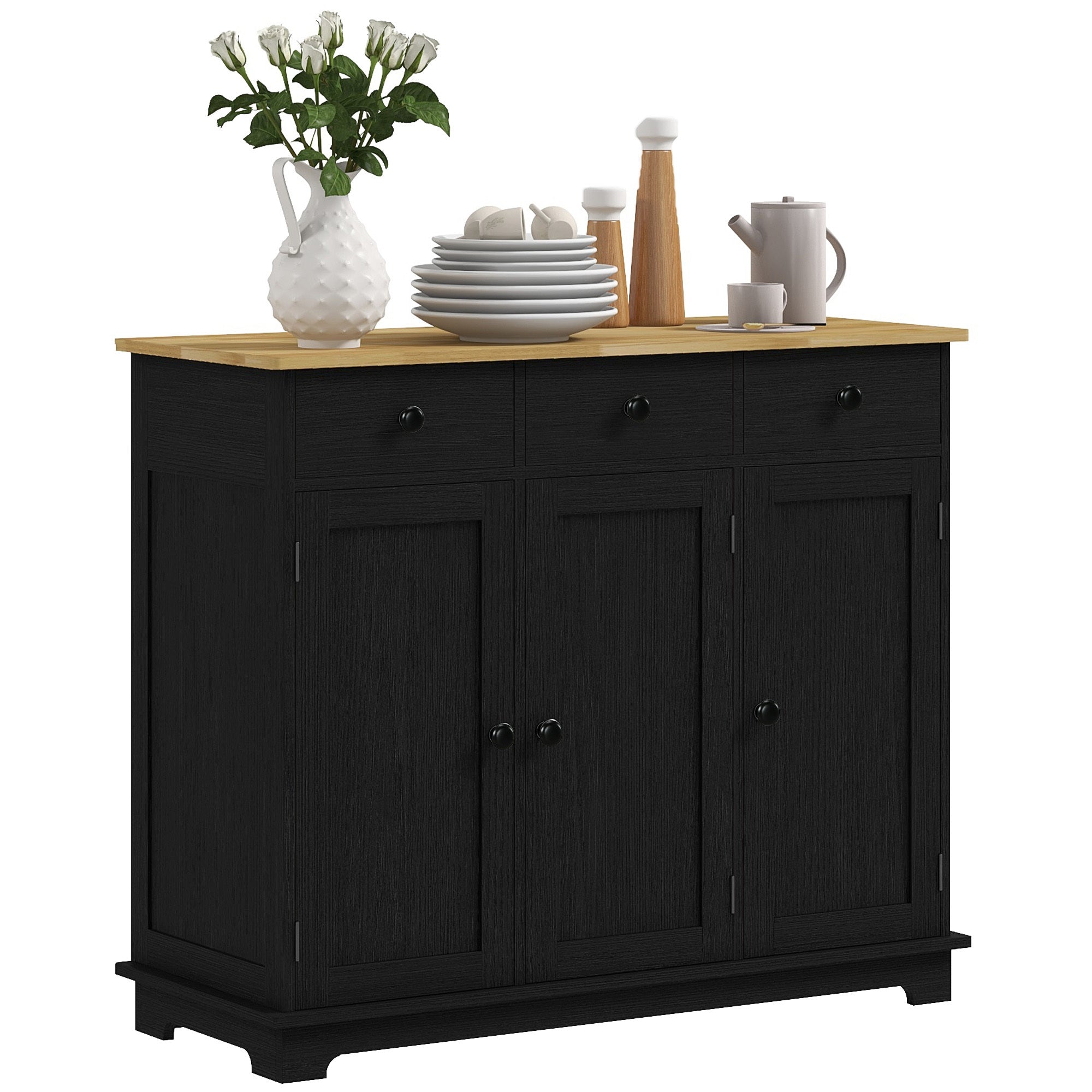 HOMCOM Sideboard with Solid Wood Top, Black Kitchen Storage Cabinet