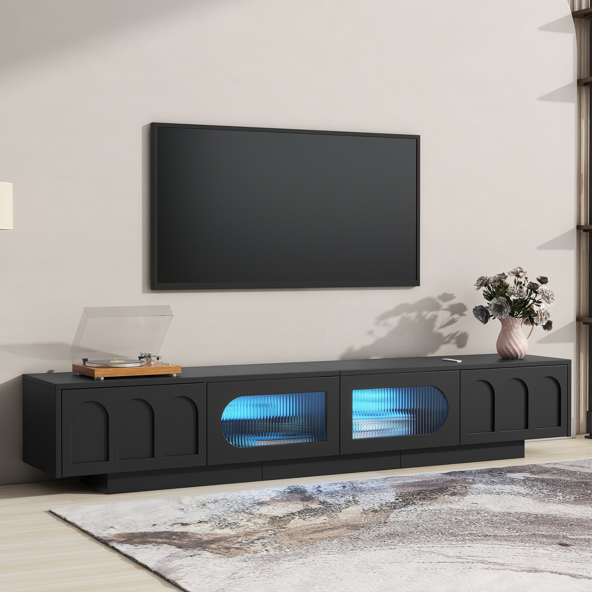 Fluted Glass TV Stand w/ LED Lights for 95" TVs