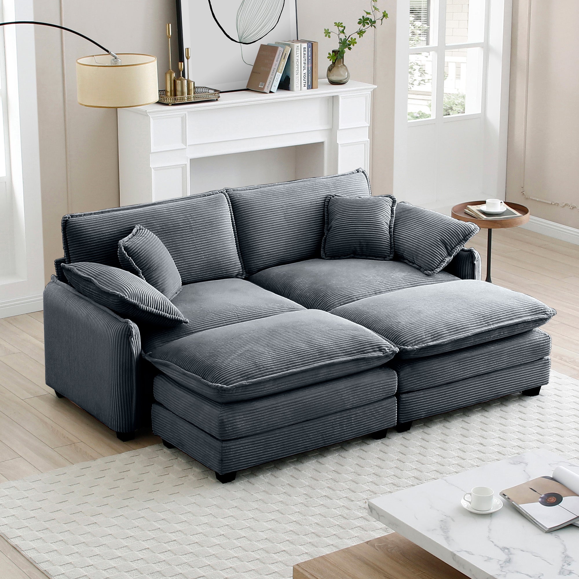 Grey Corduroy Two-Seater Sofa with Ottoman