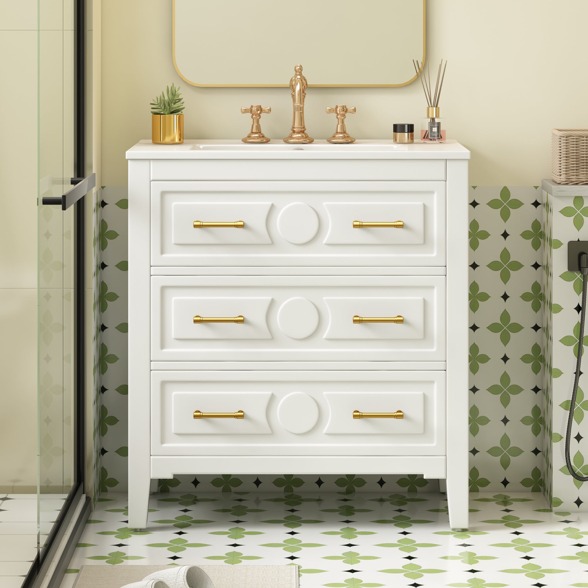 30" White Bathroom Vanity with Ceramic Sink