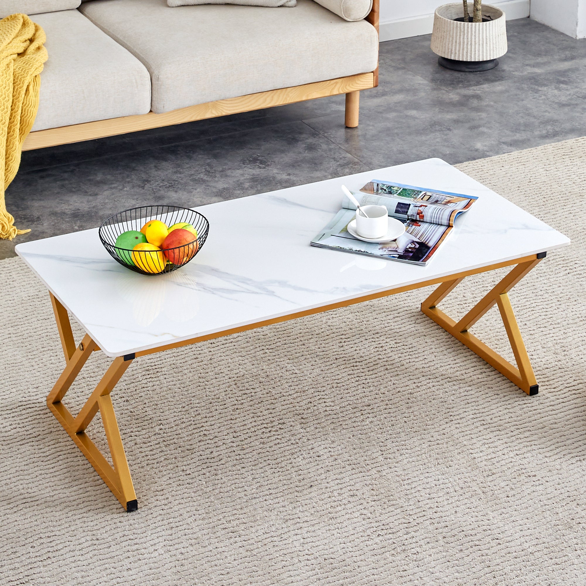 Modern Rock Slab Coffee Table w/ Gold Metal Legs (47")