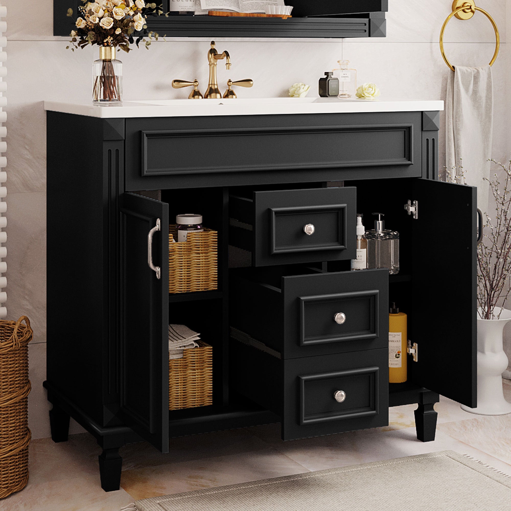 36" Modern Bathroom Vanity with Double Drawers