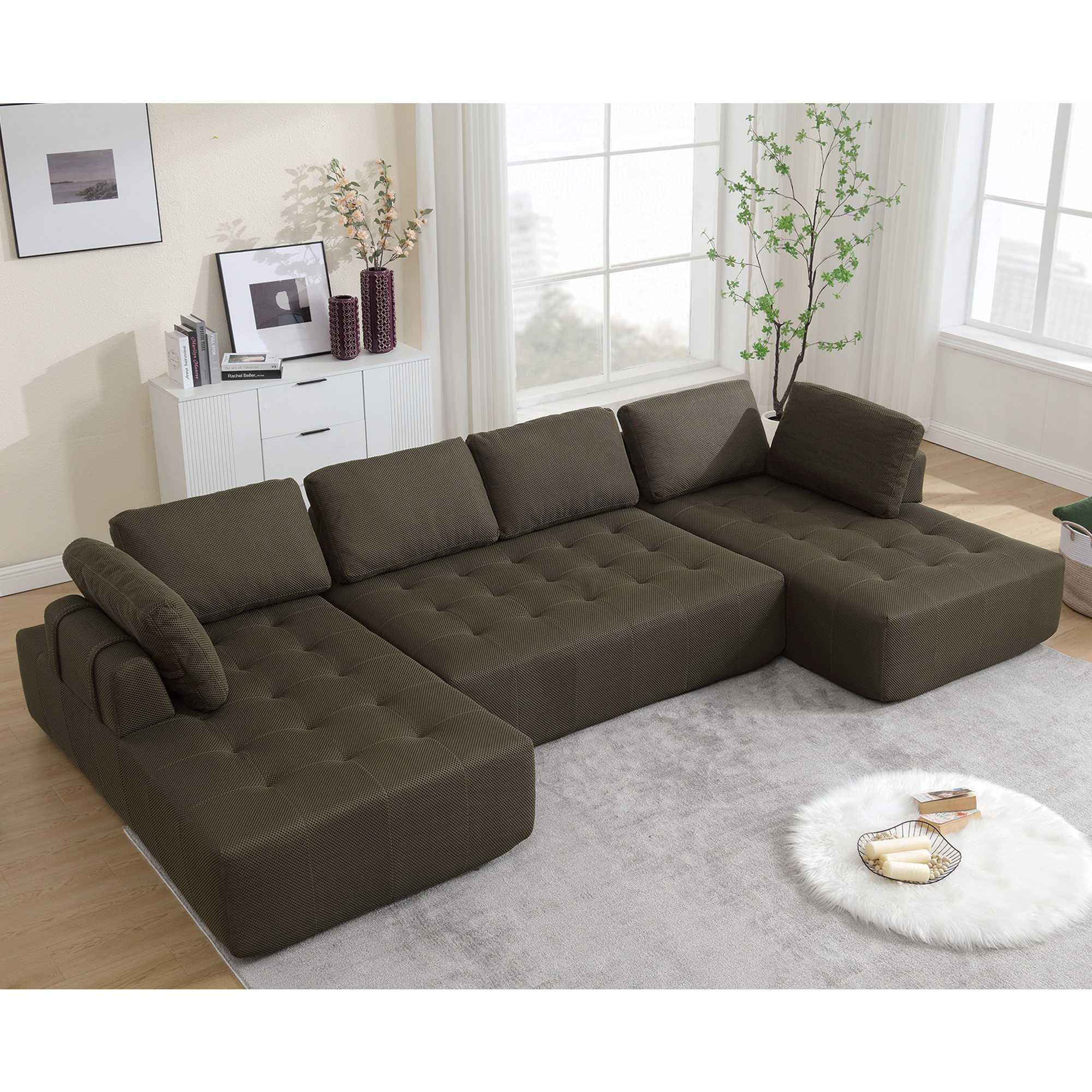 Modular U-Shaped Sofa: 6-Seat, Green Mesh