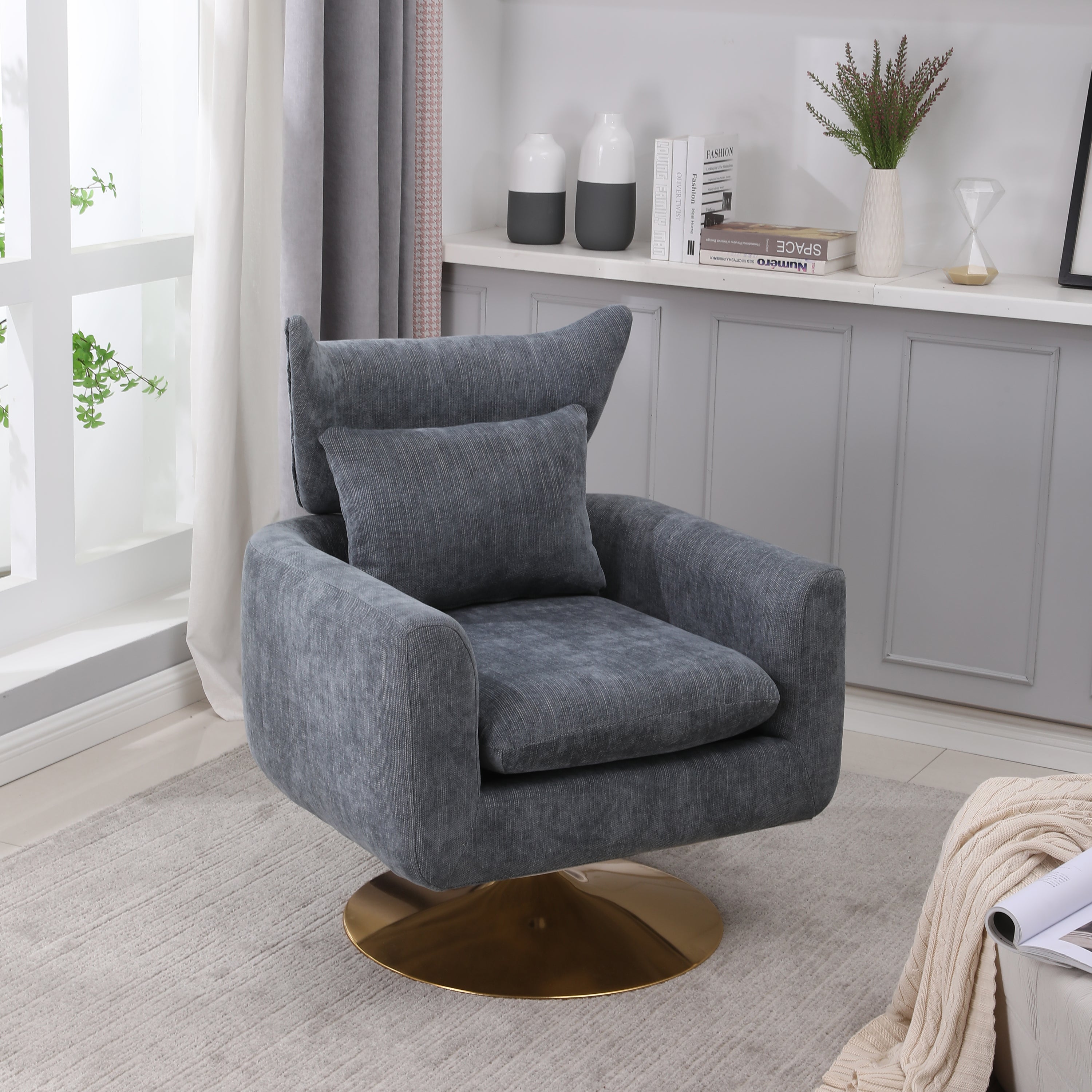 Mid-Century Swivel Accent Chair, Dusty Blue Linen