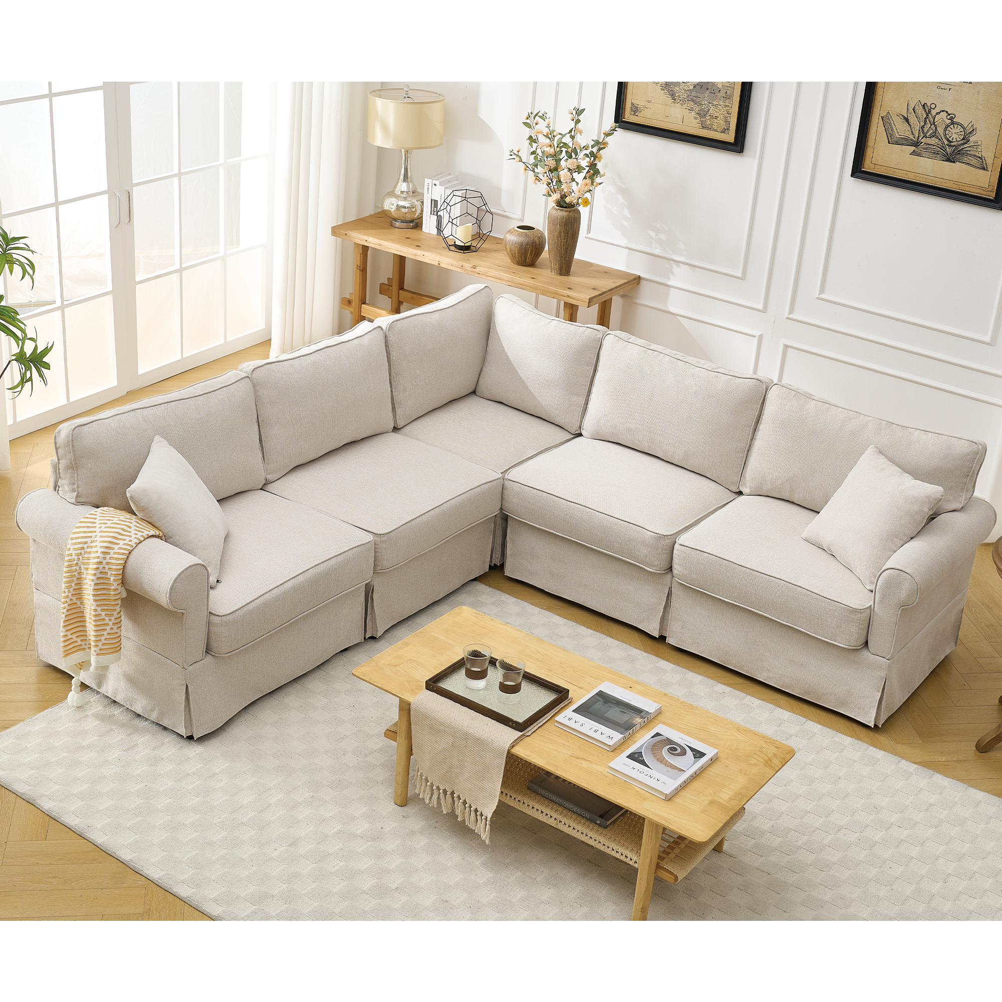 Beige Modular Sectional Sofa: 5-Seat L-Shape Couch